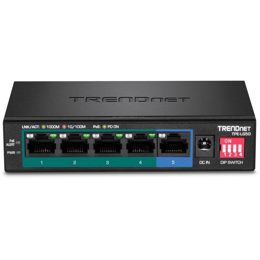 TRENDNET  
TPE-LG50  

LNK/ACT: 1000M 10/100M  
PoE: PD ON  

1  
2  
3  
4  
5  

DC IN  
DIP SWITCH  

PD ON  
PoE ALERT  
PWR
