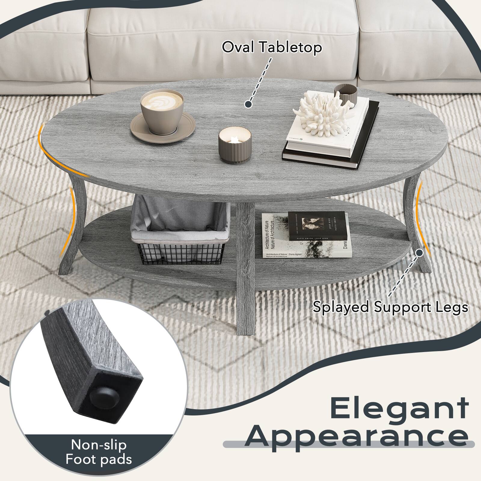 - Oval Tabletop
- Splayed Support Legs
- Non-slip Foot pads
- Elegant Appearance