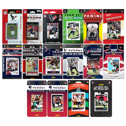 Sure, here is the corrected and grouped text from the image:
---
**Topps NFL**
- HOUSTON TEXANS 2009 TEAM SET
- HOUSTON TEXANS 2013 TEAM COLLECTION
- HOUSTON TEXANS 2014 TEAM COLLECTION
- HOUSTON TEXANS 2015 TEAM COLLECTION
- HOUSTON TEXANS 2018 TEAM COLLECTION
- HOUSTON TEXANS 2018 TEAM COLLECTION
- HOUSTON TEXANS 2019 TEAM COLLECTION
- HOUSTON TEXANS 2020 TEAM SET
- HOUSTON TEXANS 2022 NFL TEAM SET
**Panini**
- 2016 PANINI FOOTBALL TEAM SET
- 2016 PANINI TEAM COLLECTION
- 2016 TEAM COLLECTION
- 2019 TEAM COLLECTION
- 2020 TEAM SET
**Other**
- JJ WATT
- DONALD ROSS
- ADAM HARRINGTON
---
This text is grouped by the brand and year, with notable player names included.