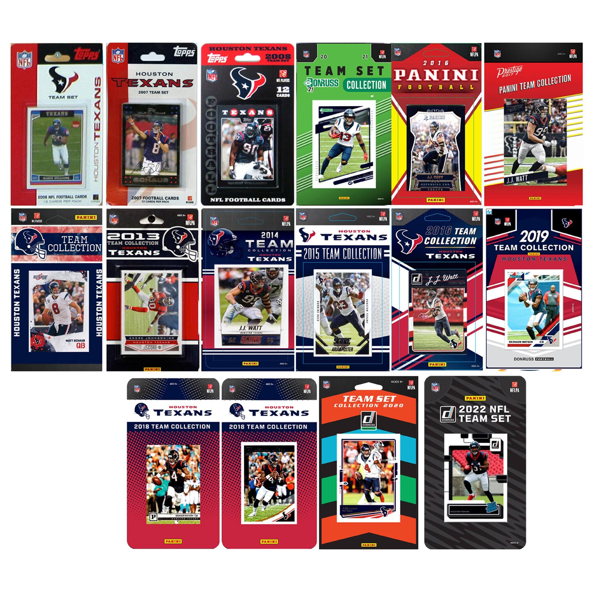 Sure, here is the corrected and grouped text from the image:

---

**Topps NFL**

- HOUSTON TEXANS 2009 TEAM SET
- HOUSTON TEXANS 2013 TEAM COLLECTION
- HOUSTON TEXANS 2014 TEAM COLLECTION
- HOUSTON TEXANS 2015 TEAM COLLECTION
- HOUSTON TEXANS 2018 TEAM COLLECTION
- HOUSTON TEXANS 2018 TEAM COLLECTION
- HOUSTON TEXANS 2019 TEAM COLLECTION
- HOUSTON TEXANS 2020 TEAM SET
- HOUSTON TEXANS 2022 NFL TEAM SET

**Panini**

- 2016 PANINI FOOTBALL TEAM SET
- 2016 PANINI TEAM COLLECTION
- 2016 TEAM COLLECTION
- 2019 TEAM COLLECTION
- 2020 TEAM SET

**Other**

- JJ WATT
- DONALD ROSS
- ADAM HARRINGTON

---

This text is grouped by the brand and year, with notable player names included.
