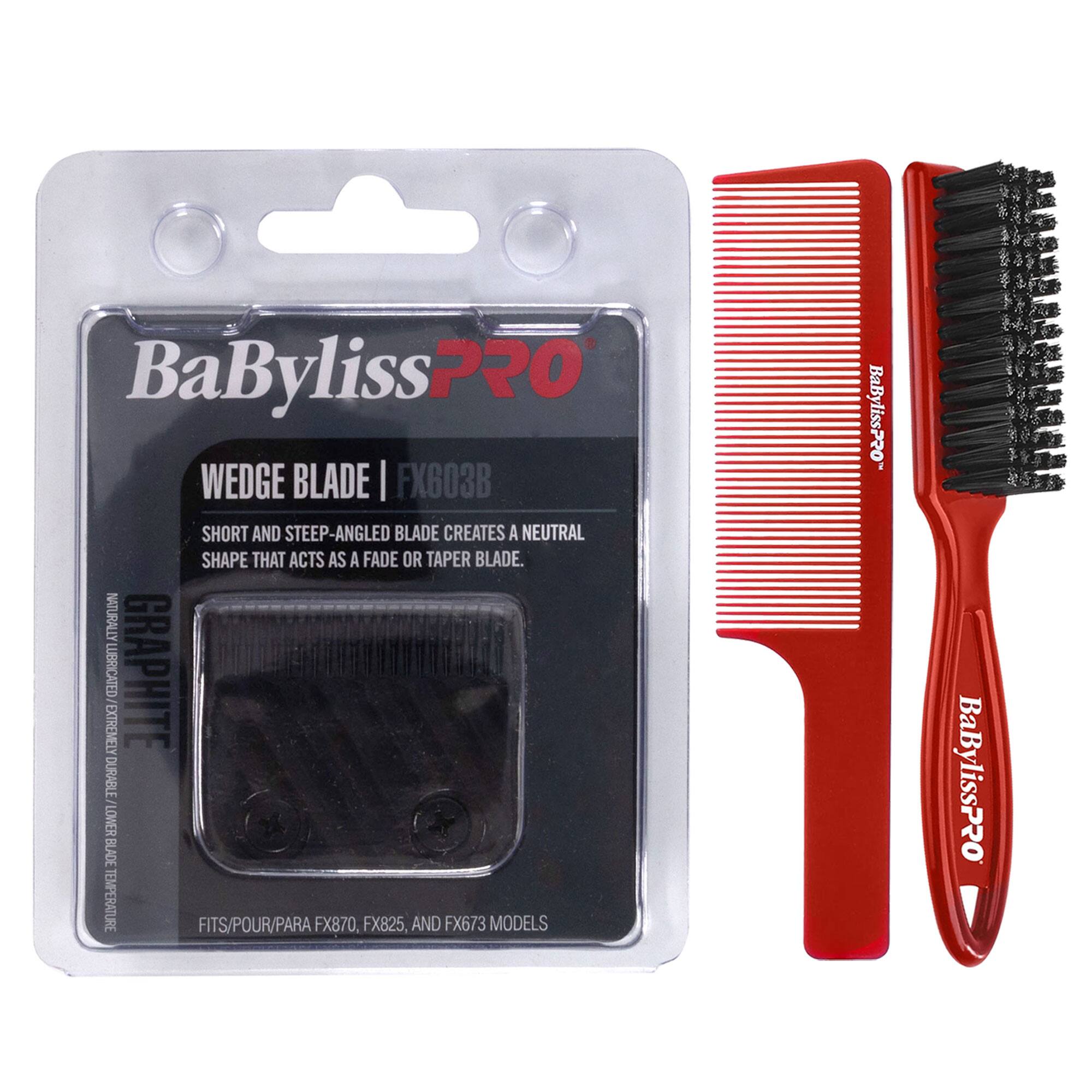 BaBylissPRO WEDGE BLADE | FX603B  
SHORT AND STEEP-ANGLED BLADE CREATES A NEUTRAL SHAPE THAT ACTS AS A FADE OR TAPER BLADE.  
NATURALLY SLIDED GRAPHITE DURABLE LOWER BLADE TEMPERATURE  
FITS/POUR/PARA FX870, FX825, AND FX673 MODELS  

BaBylissPRO  
GRAPHITE