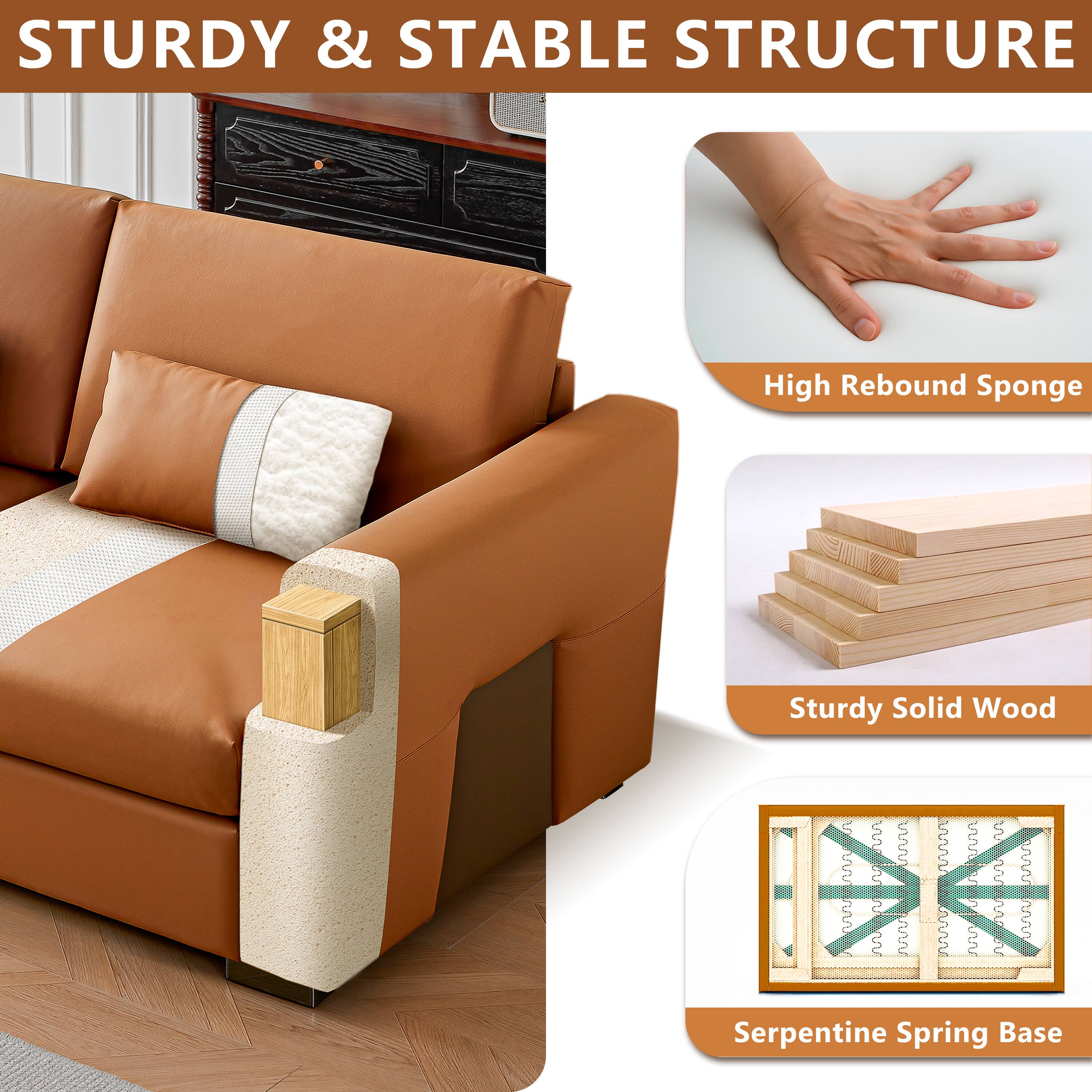 STURDY & STABLE STRUCTURE

- High Rebound Sponge
- Sturdy Solid Wood
- Serpentine Spring Base