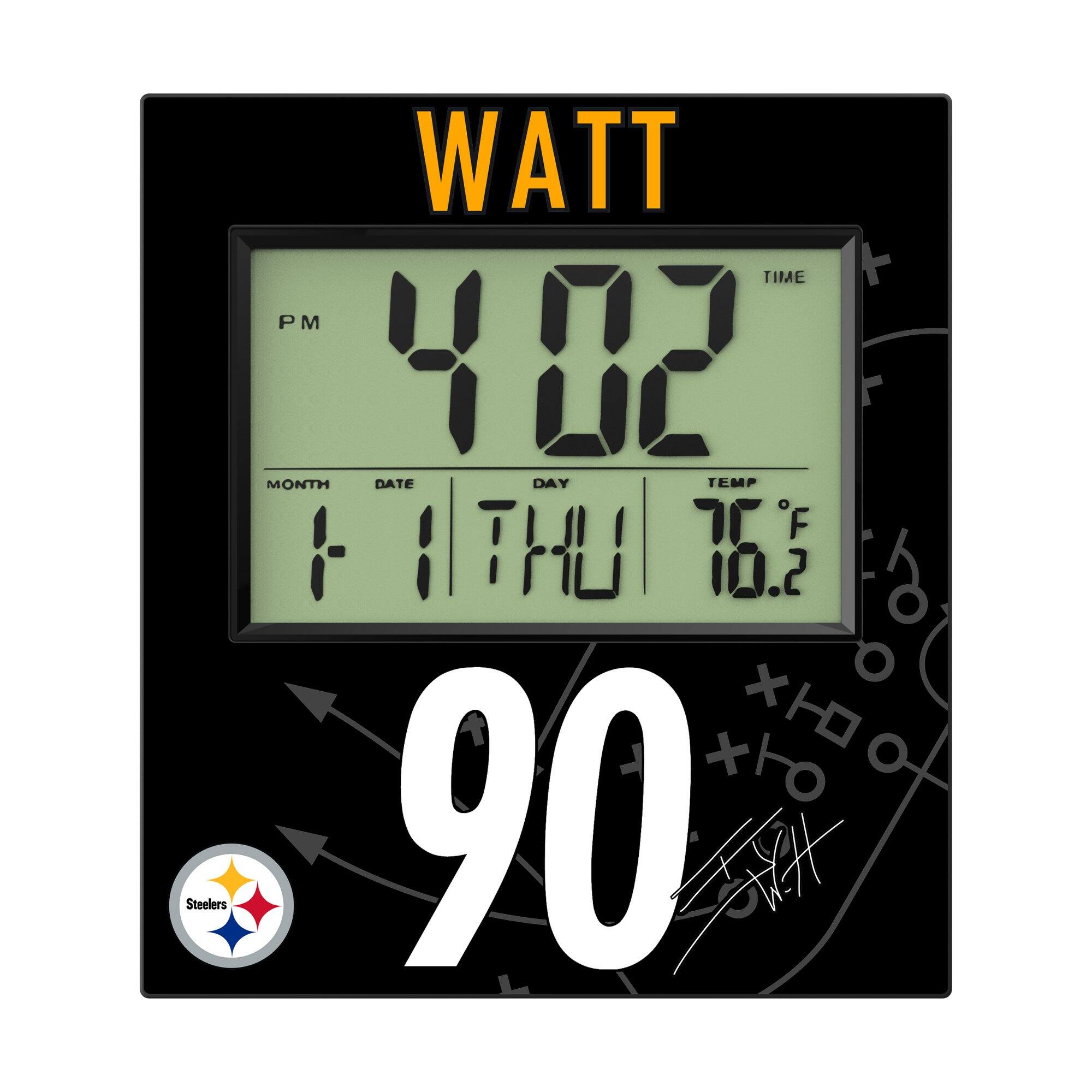 Steelers WATT TIME + PM 4:02 MONTH DATE DAY TEMP F 1 1 THU 76.2  
90