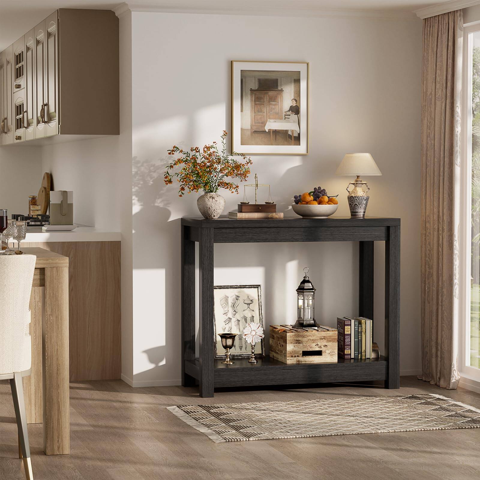 Alt View 2. Aheaplus - 32" Small Farmhouse Wood Entryway Table: Narrow Console with Open Storage Shelves for Behind Couch, Easy Assembly - Black.