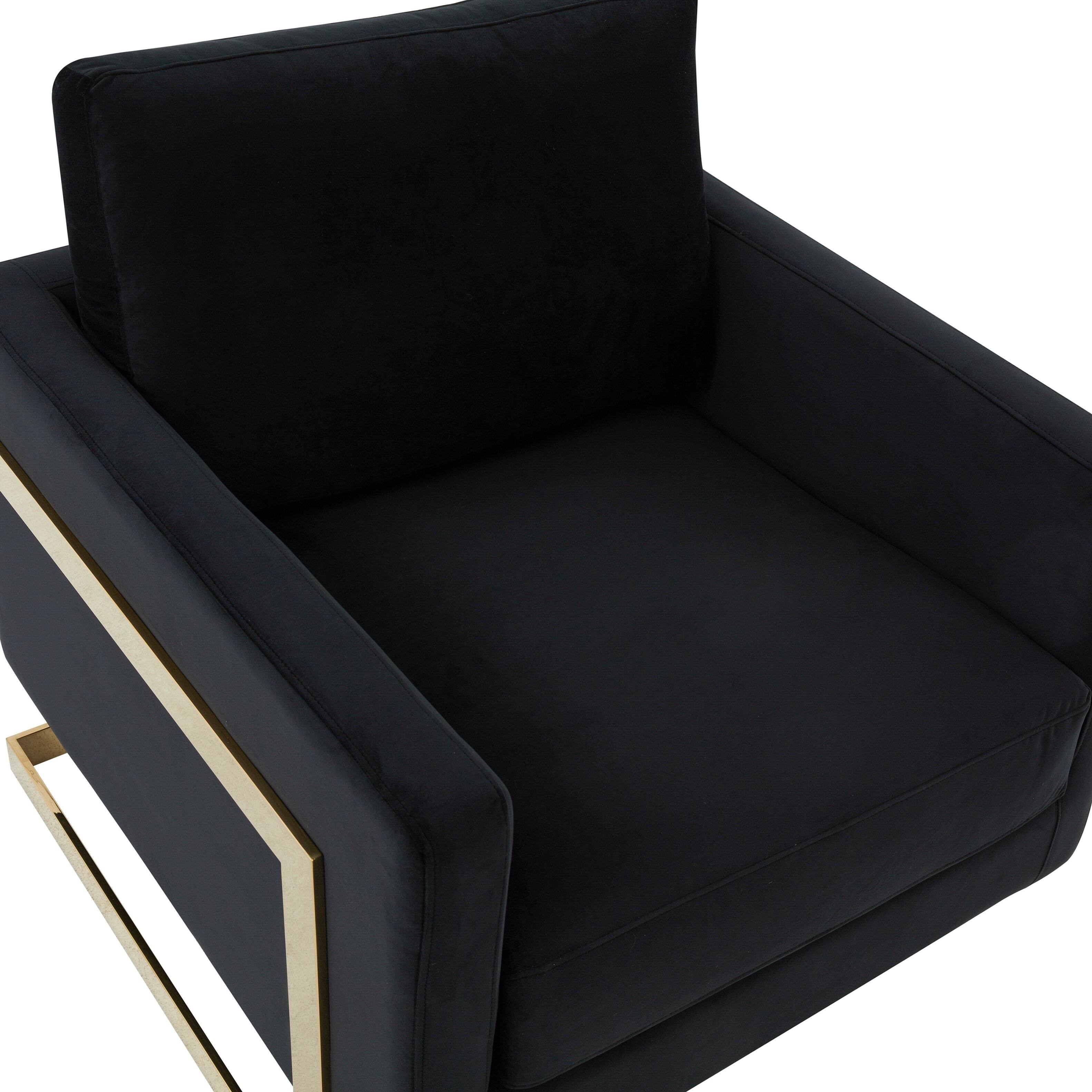 Alt View 2. LeisureMod - Lincold Modern Velvet Accent Chair, Gold Stainless Steel Sled Base Upholstered Armchair - Fully Assembled - Midnight Black.