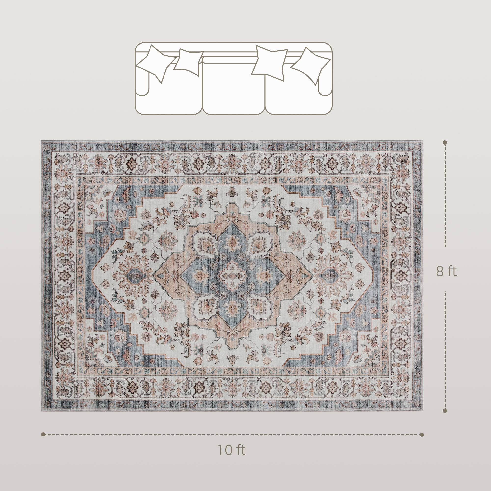 Alt View 3. Homcom - HOMCOM 8x10 Vintage Rug: Mach-Wash Non-Slip Light Blue Distressed, Indoor Boho Carpet - Brown and Light Blue.