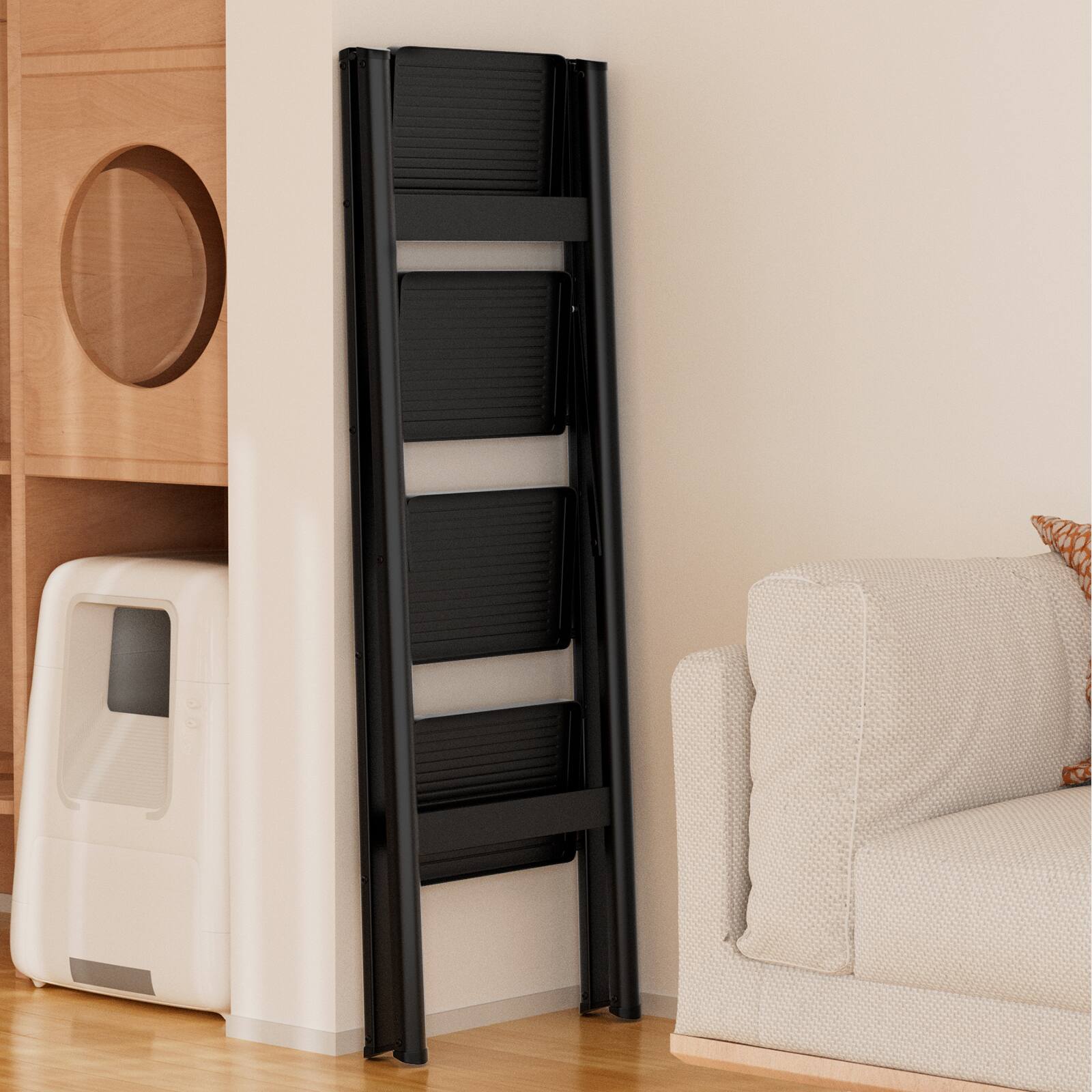 Alt View 2. Topteng - 4-Step Folding Ladder, Lightweight Carbon Steel Step Stool - 330lb Capacity, Wide Anti-Slip Pedals, for Home & Car Wash - Black.