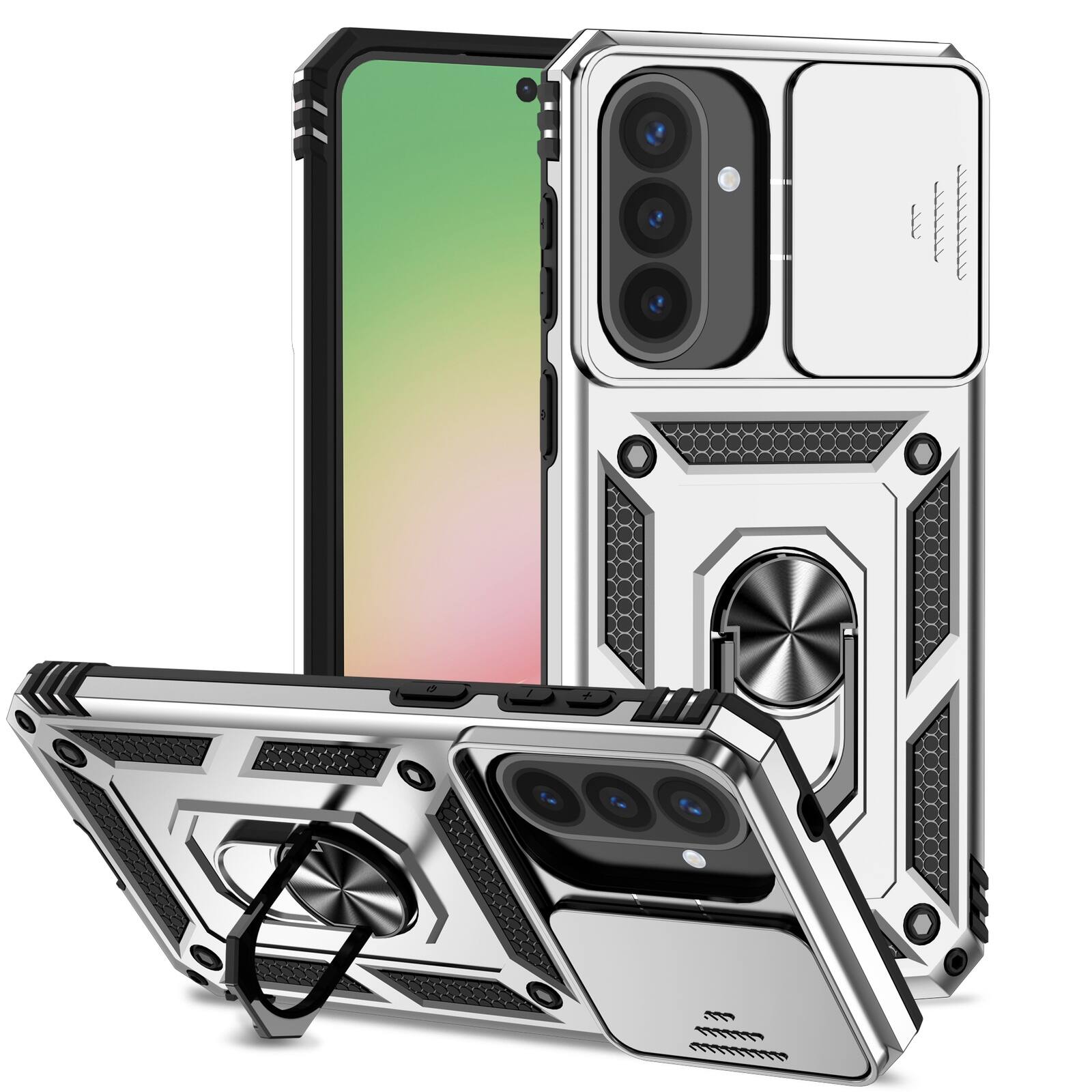 Left. UUCOVER - Rugged Protective Case for Samsung Galaxy A57 5G ,Shockproof TPU+PC Case Slide Camera Cover Ring Holder Stand Cover - Silver.
