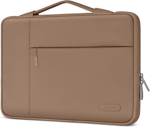 Front. mosiso - 13.3-inch Slim Laptop Sleeve with Handle, Shock-Resistant Bubble Foam, Two Exterior Pockets - Brown.