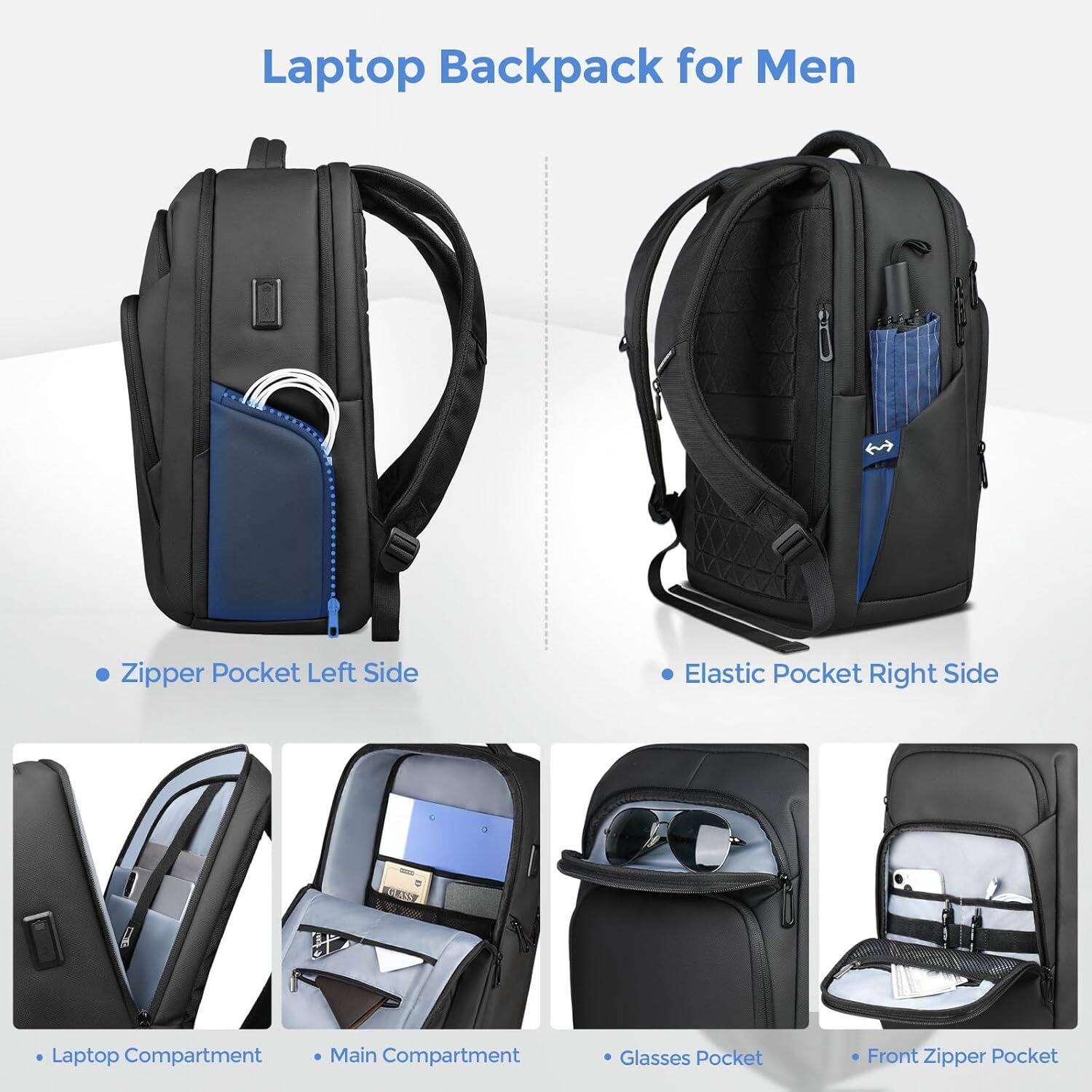 Laptop Backpack for Men

- Zipper Pocket Left Side
- Elastic Pocket Right Side
- Laptop Compartment
- Main Compartment
- Glasses Pocket
- Front Zipper Pocket