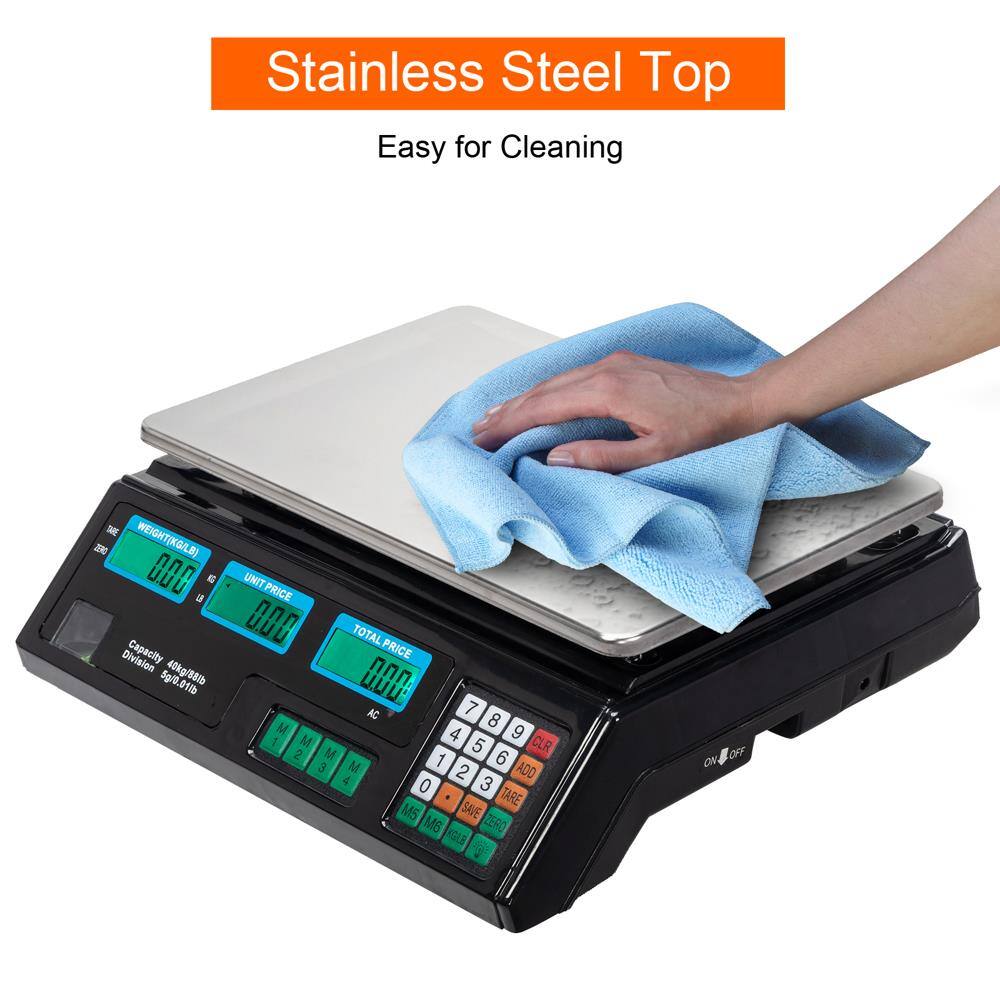 Stainless Steel Top Easy for Cleaning

Capacity: 5g/0.01lb 40kg/88lb

UNIT PRICE: 0.00

TOTAL PRICE: 0.00

Buttons: AC, M+, M-, CLR, ADD, TARE, SAVE, M6, ZERO, KGLB, ON/OFF
