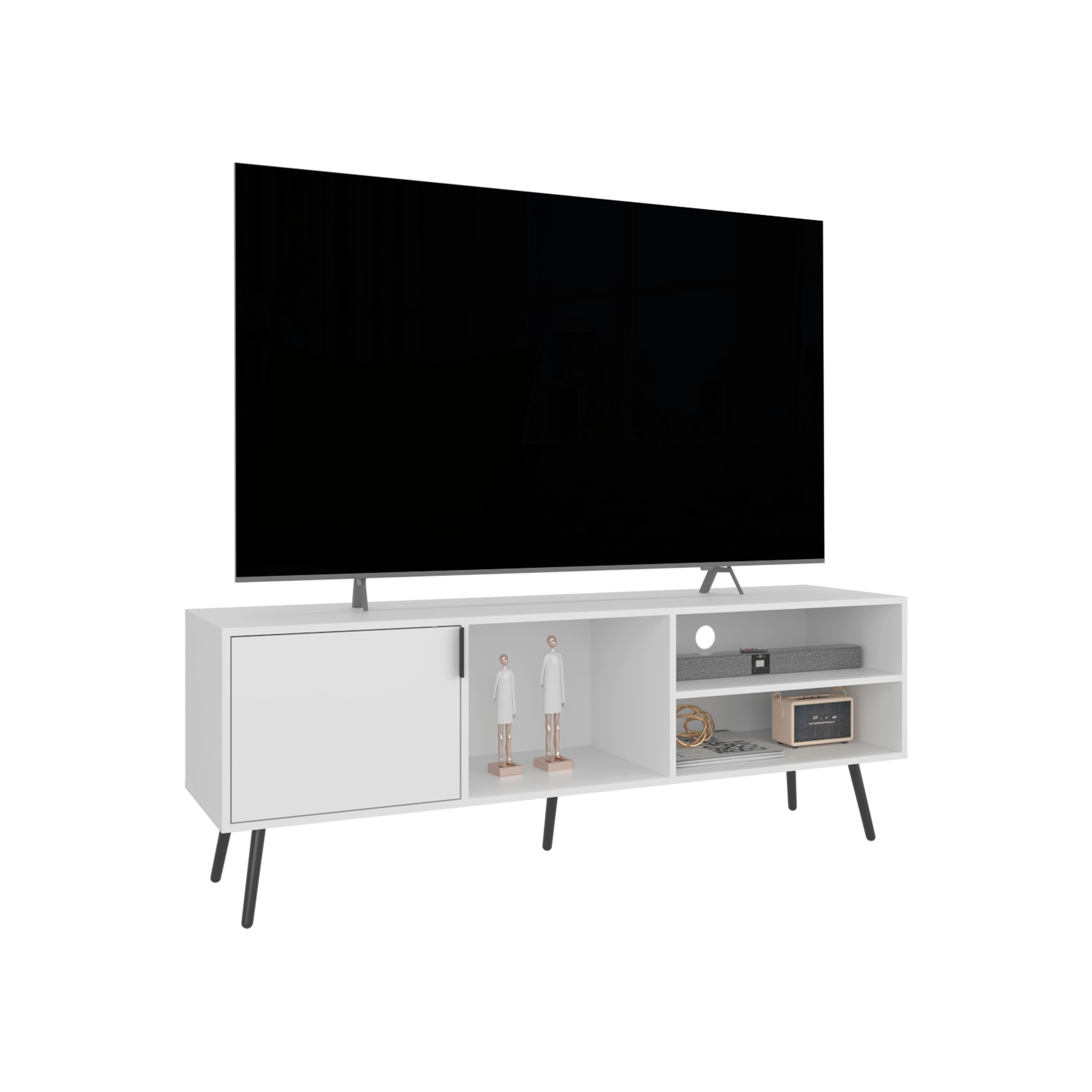 Spaco - Modern TV Stand for 60-70 Inch TVs with 1 Door 3 Open Shelves Console, Compact Media Storage for Small Spaces - White