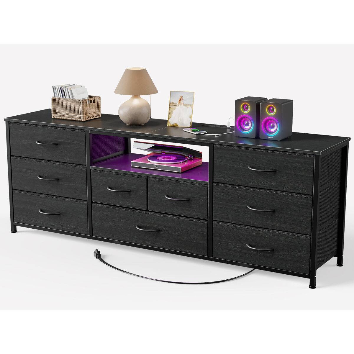 Left. Furnulem - 63 Inch Modern TV Stand with LED Lights Charging Station  9 Drawers Media Console for Living Room  Bedroom - Black.