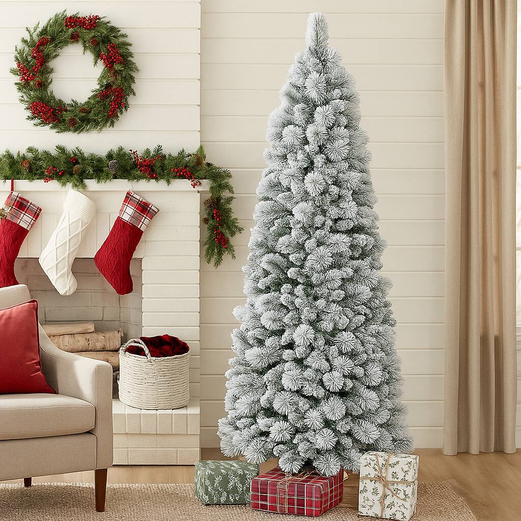 Angle. BreeBe - Snowy Pine Needle Christmas Tree 6FT 7FT with Built-In LED Lights - Green.