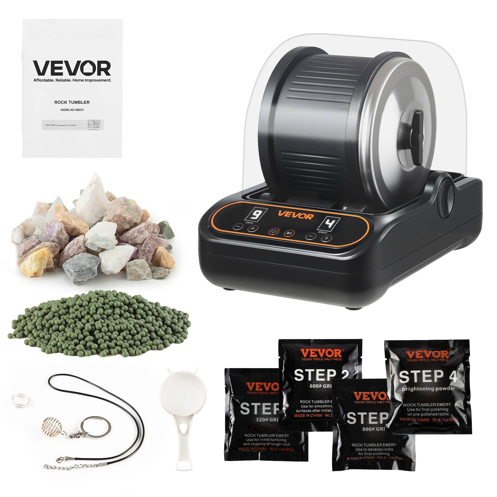 VEVOR - Rock Tumbler, 3 lb Rock Polishing Machine, Rocks Tumbling Kit with 4-Speed Adjustment, 1–9 Day Timer, PC Sound Reduction - Orange + Black