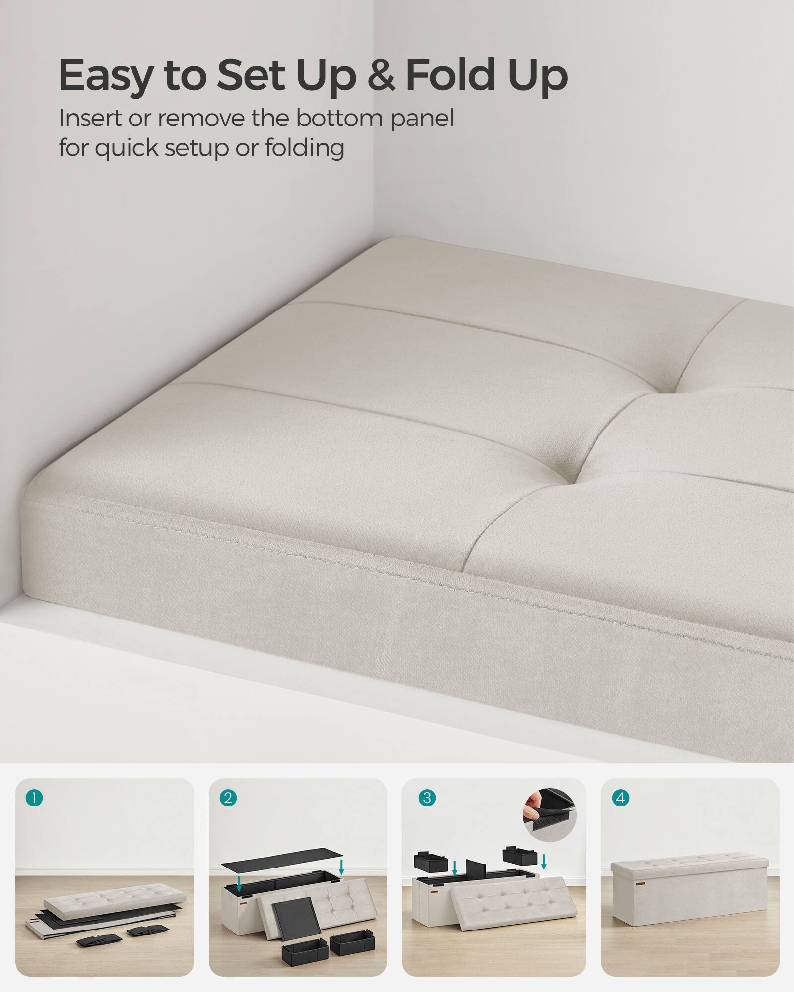 Easy to Set Up & Fold Up

Insert or remove the bottom panel for quick setup or folding

1. 2. 3. 4.