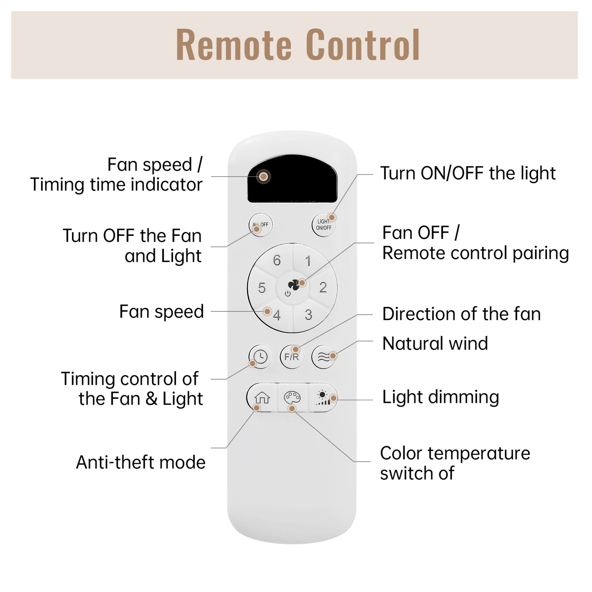 Remote Control

- Fan speed / Timing time indicator
- Turn OFF the Fan and Light
- Fan speed
- Timing control of the Fan & Light
- Anti-theft mode
- Turn ON/OFF the light
- Fan OFF / Remote control pairing
- Direction of the fan
- Natural wind
- Light dimming
- Color temperature switch of