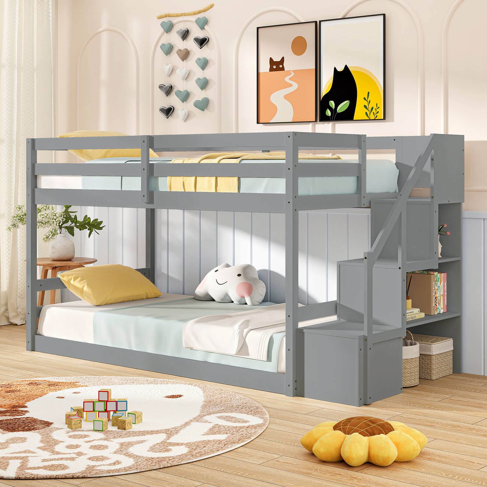 Alt View 1. Costway - Costway Twin Over Twin Low Bunk Bed Solid Wood Floor Bunk Bed Frame with Storage Stairs - Gray.