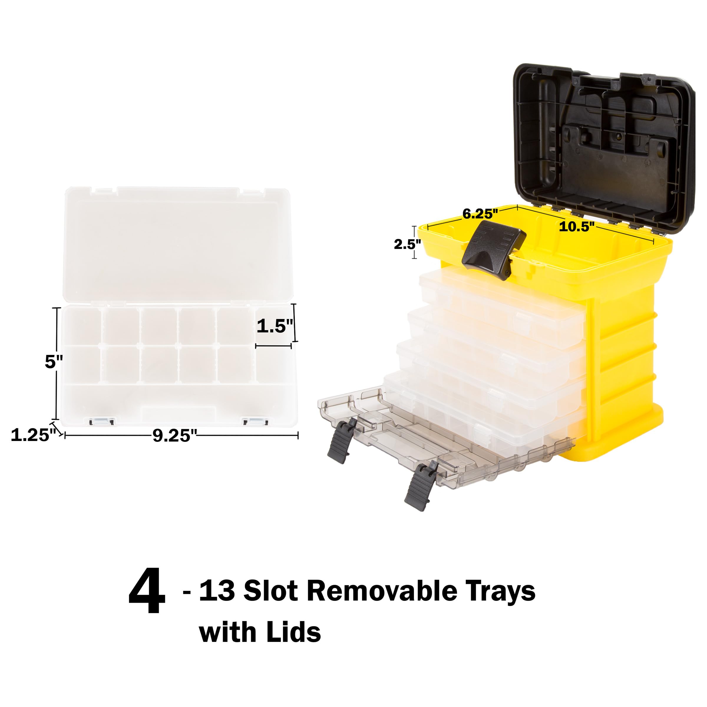 4 - 13 Slot Removable Trays with Lids

Dimensions:
- 2.5" x 6.25" x 10.5"
- 1.5" x 5" x 1.25" x 9.25"