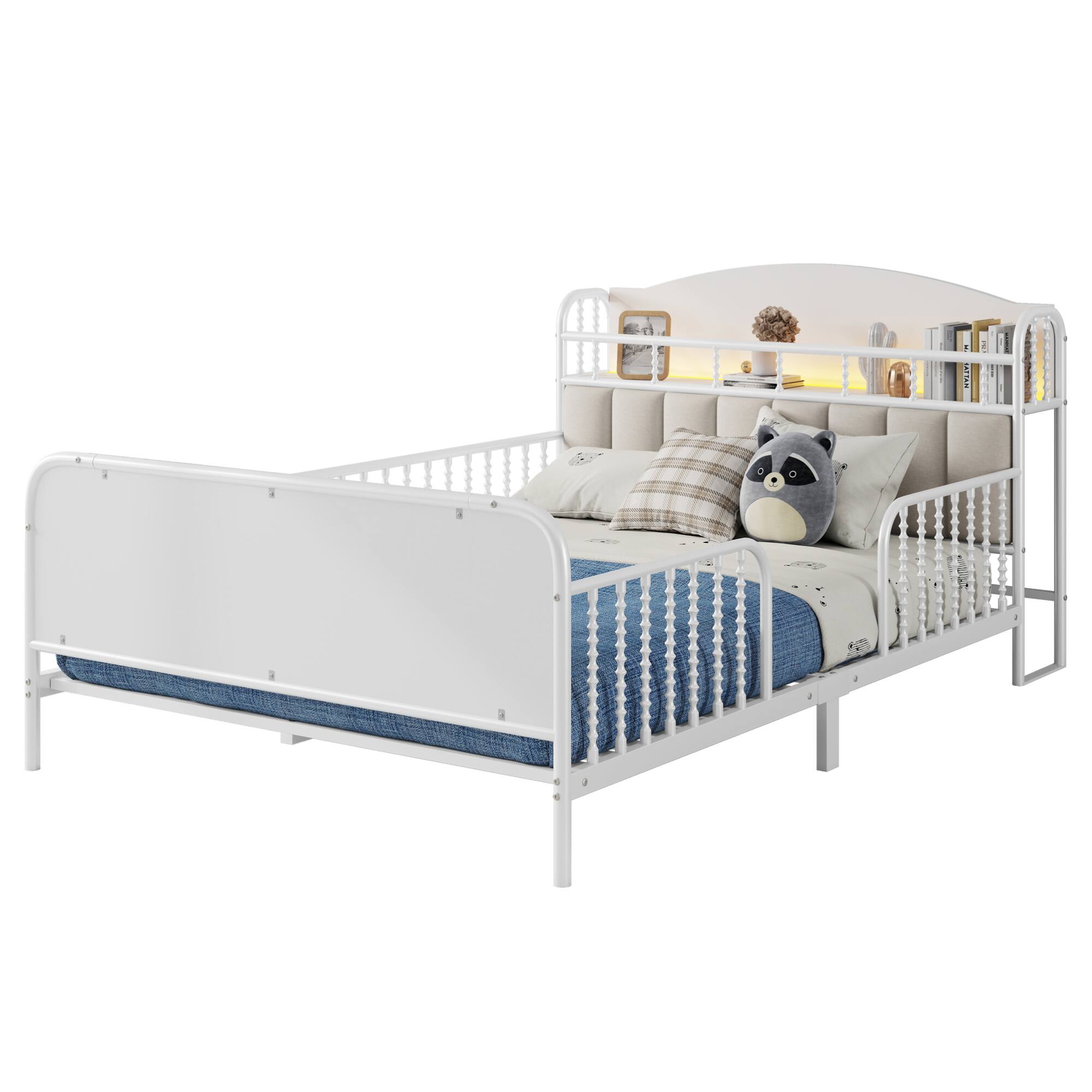 Alt View 2. GOODSILO - Full Size Metal Platform Bed Frame with LED Lighting and Upholstered Storage Headboard - White.