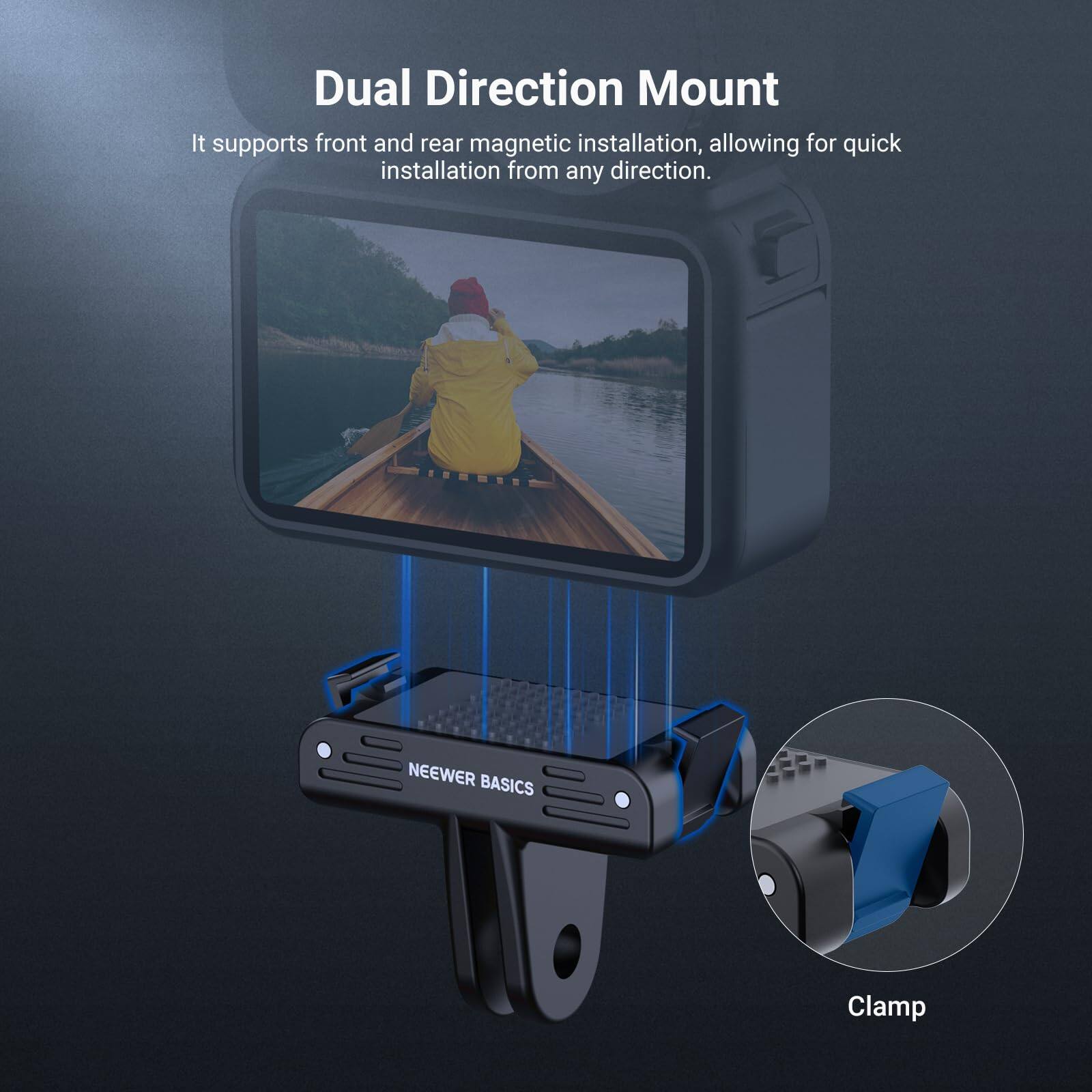 Dual Direction Mount  
It supports front and rear magnetic installation, allowing for quick installation from any direction.  
NEEWER BASICS Clamp