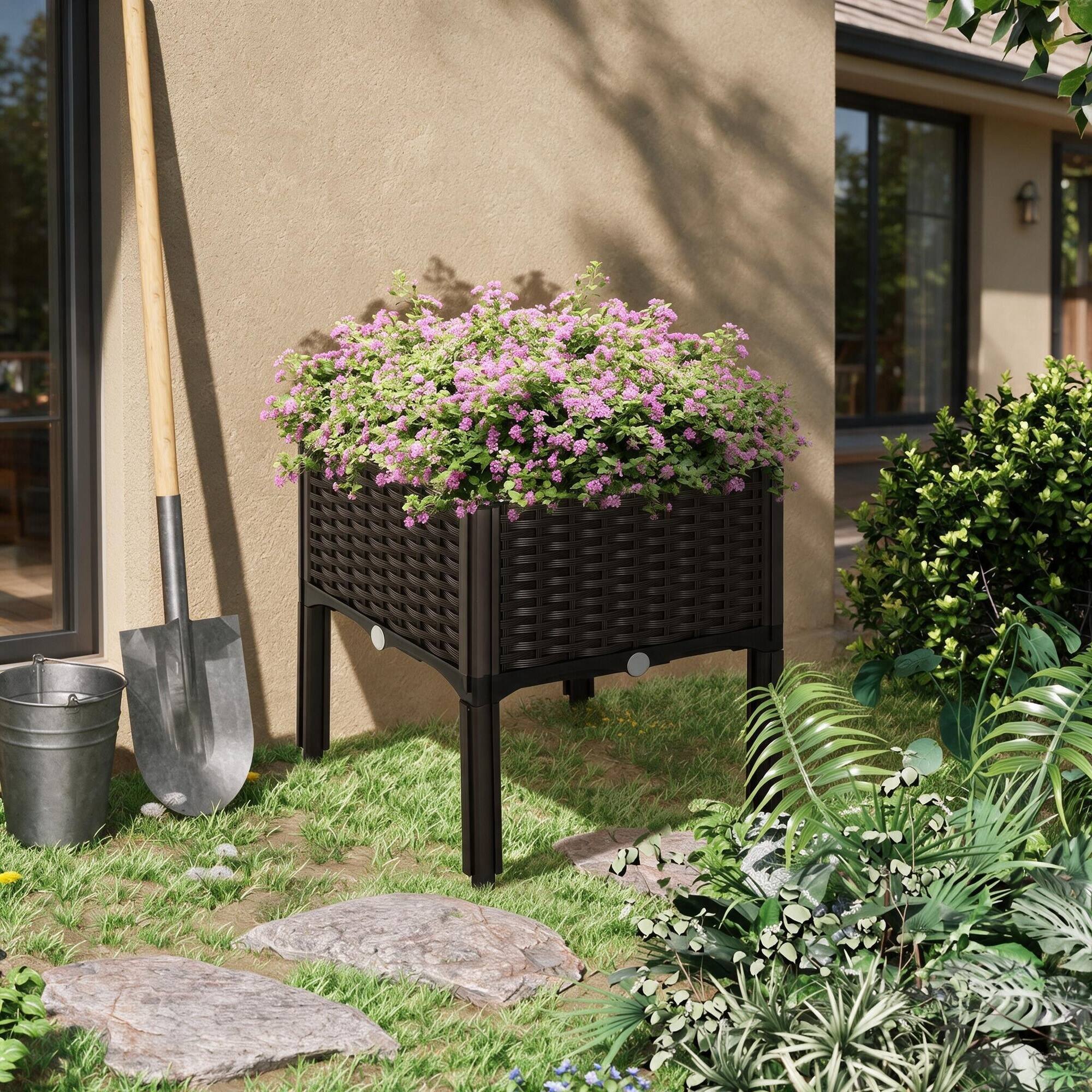 Angle. RYHNUYNE - Outsunny Raised Garden Bed with Legs, Self-Watering Planter Box, Polypropylene Rattan Planter for Flowers Herbs - Brown.