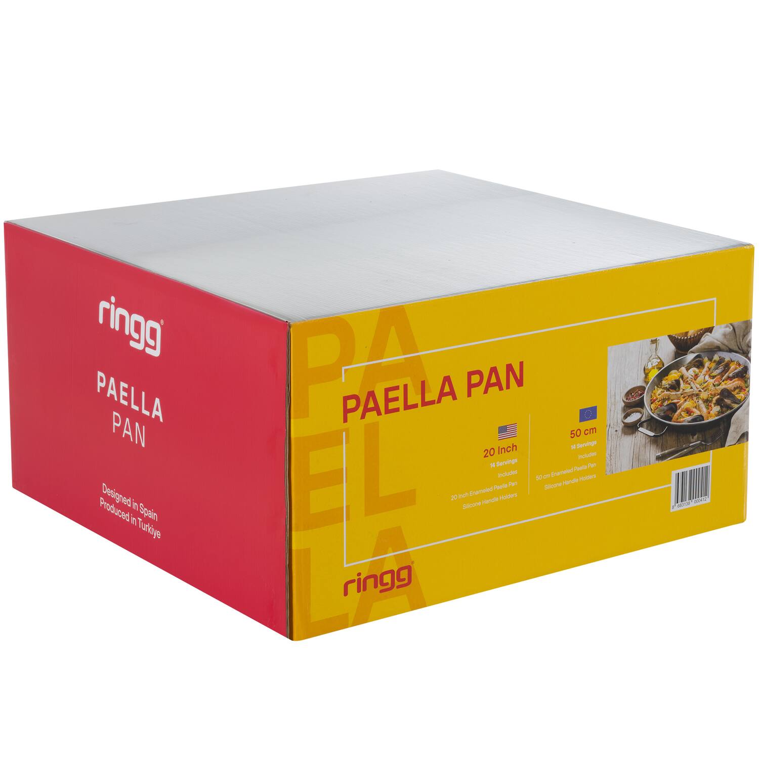 ringg PAELLA PAN  
Designed in Spain  
Produced in Türkiye  
PAELLA PAN  
20 Inch  
50 cm  
Serves 20  
Includes  
50 cm Enamel Paella Pan  
Silicone Handle Holders