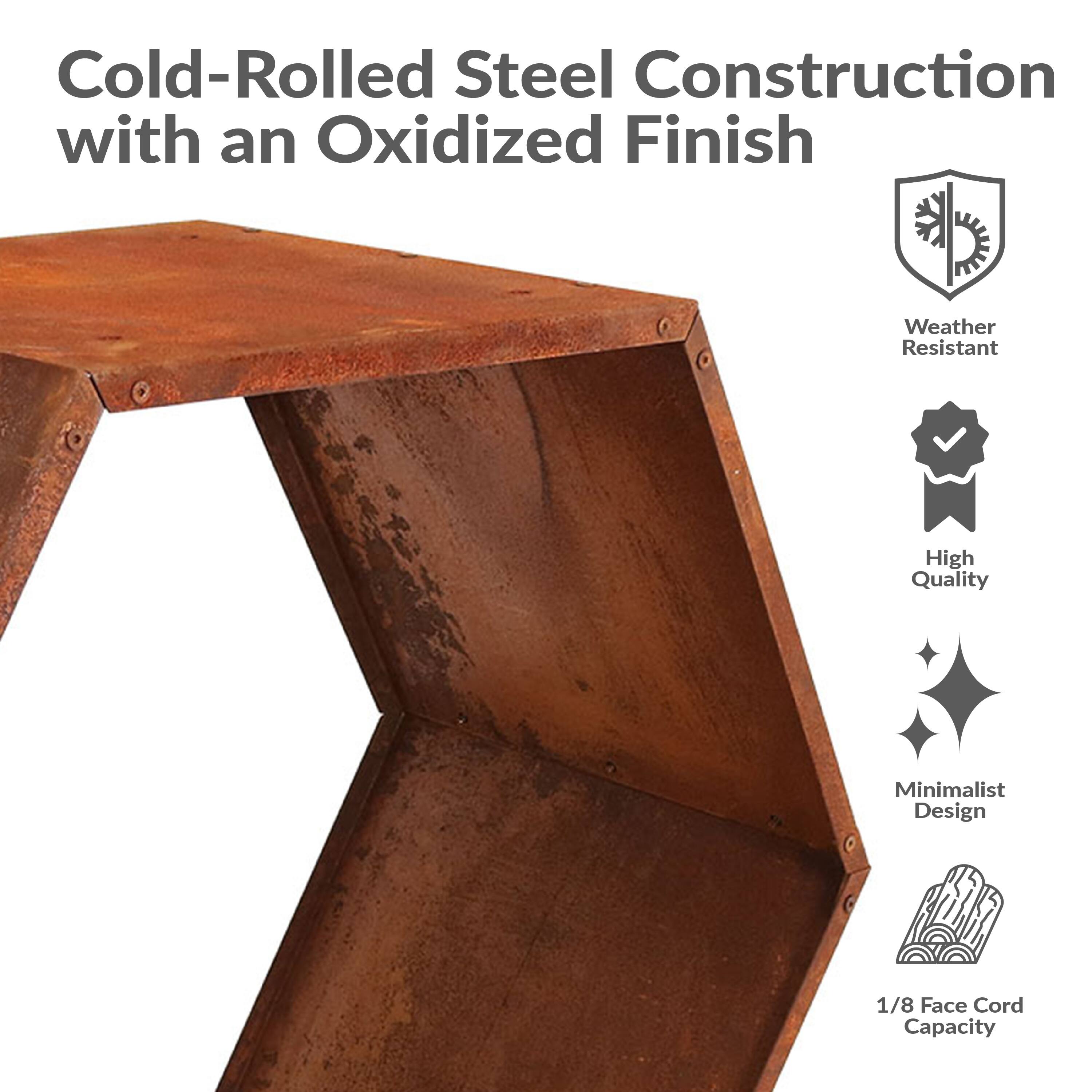 Cold-Rolled Steel Construction with an Oxidized Finish

- Weather Resistant
- High Quality
- Minimalist Design
- 1/8 Face Cord Capacity