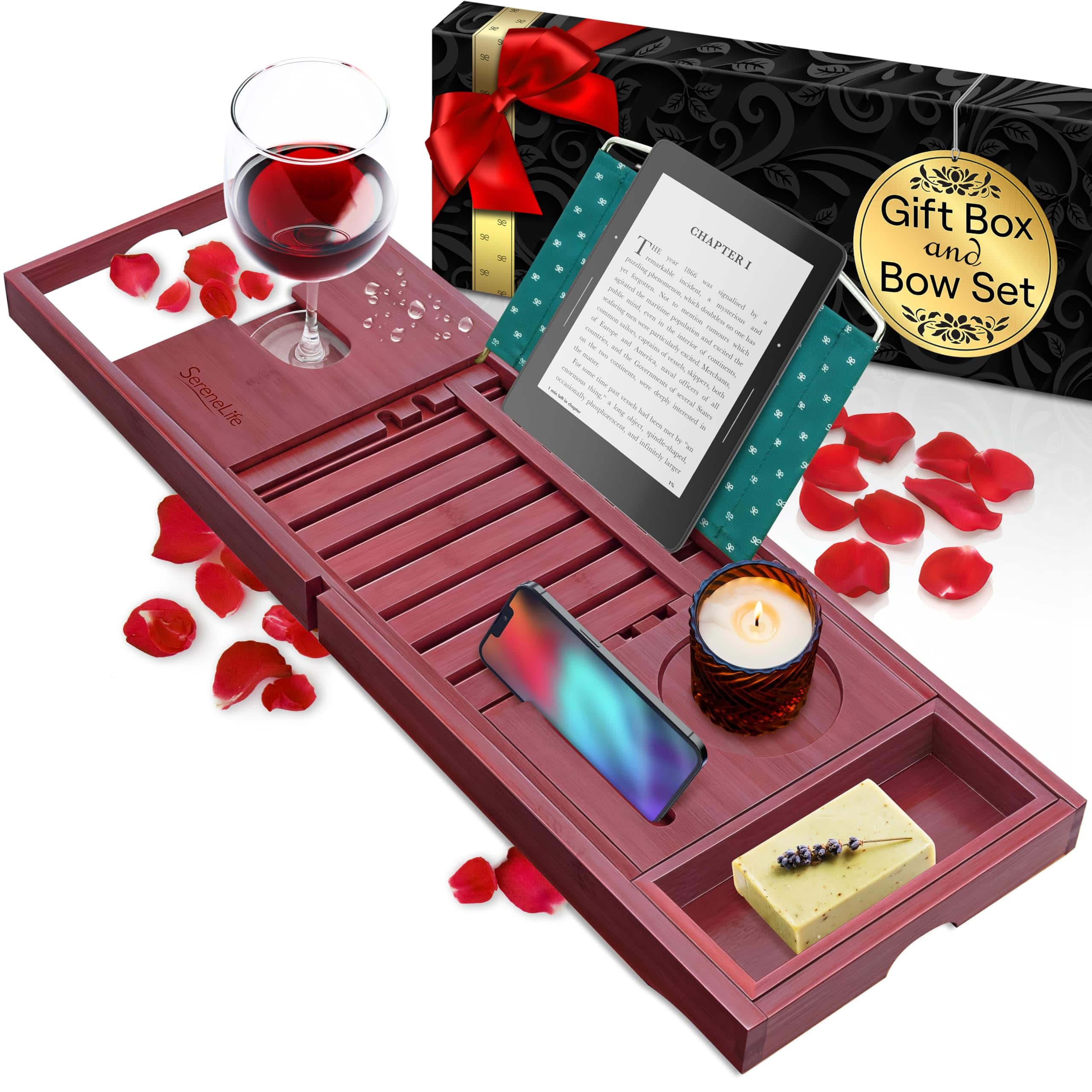 SereneLife - Premium Bathtub Tray Caddy with Gift Box and Bow Set, Expandable Bath Tray, Unique House Warming Gifts - Natural