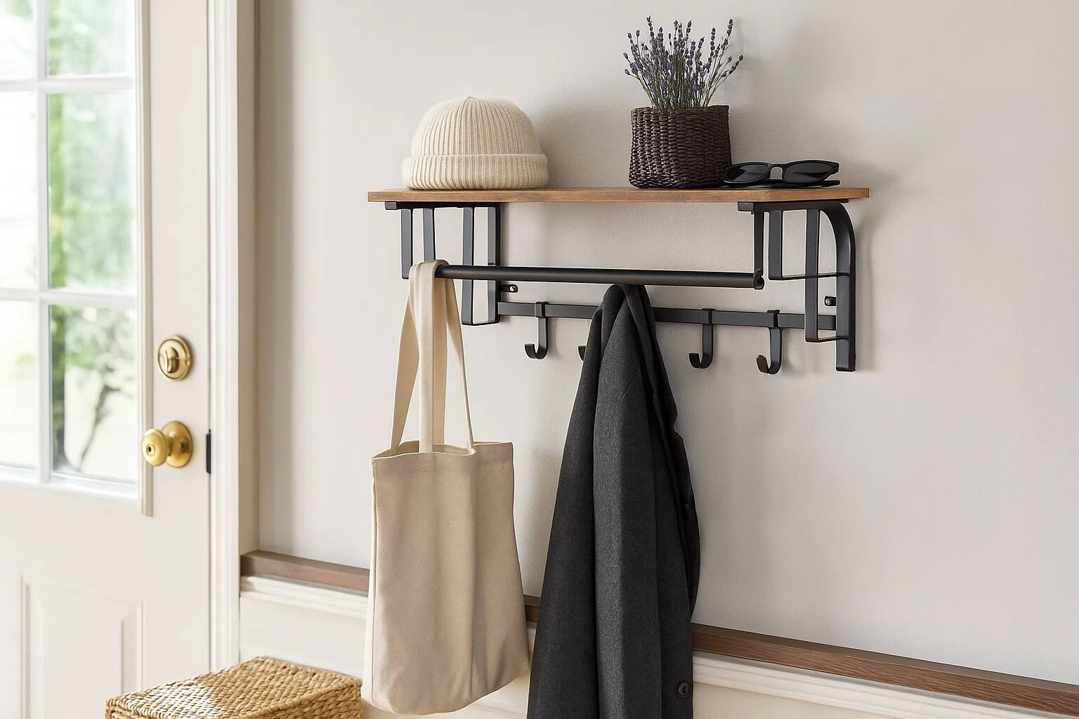 Alt View 5. Manhattan Lane - 26 Inch Industrial Metal Frame Wall Mount Coat Rack, 5 Hooks, 1 Shelf - Brown and Black.