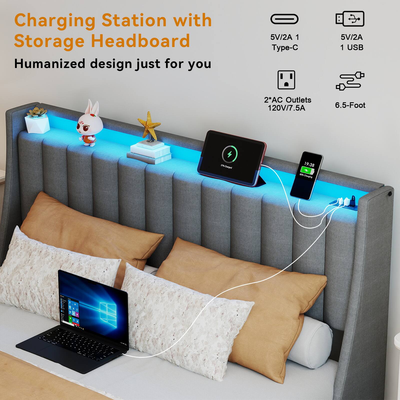 Charging Station with Storage Headboard  
Humanized design just for you  

5V/2A 1 Type-C  
5V/2A 1 USB  
2*AC Outlets 120V/7.5A  
6.5-Foot