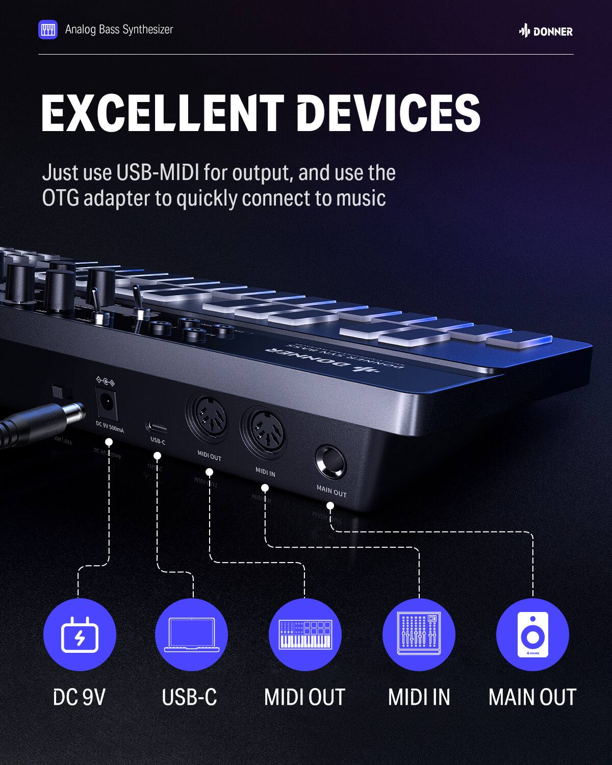 WYT Analog Bass Synthesizer  
DONNER  
EXCELLENT DEVICES  
Just use USB-MIDI for output, and use the OTG adapter to quickly connect to music  

DONN  
4 T 4 K  
S00mA  
CAN USB-C  
TC Lowy  
MIDI OUT  
MIDI IN  
HIDIA  
MAIN OUT  
DC 9V  
USB-C  
MIDI OUT  
MIDI IN  
MAIN OUT