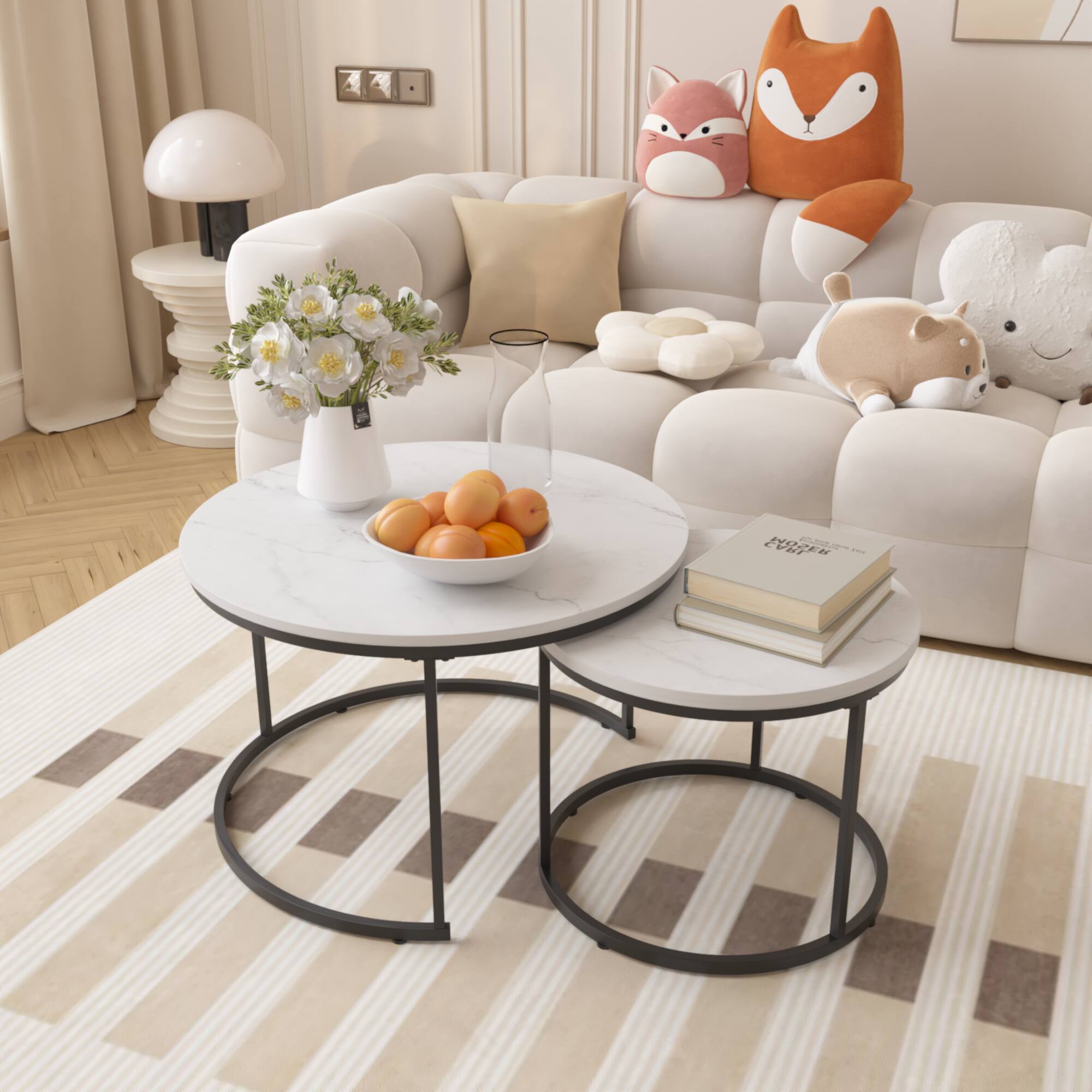 Alt View 1. Ecooso - Nesting Coffee Table Set of 2, Round Coffee Table Wood Marble Pattern Top with Sturdy Metal Frame, End Table Side Tables - White.