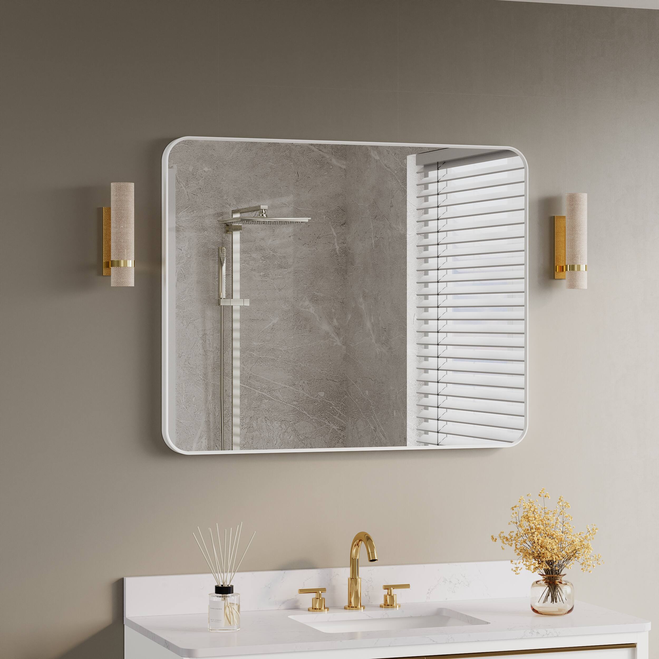 Alt View 1. WELLFOR - 48 in. W. x 36 in. H Rectangular Aluminum Framed Wall-Mounted Bathroom Vanity Mirror - White.