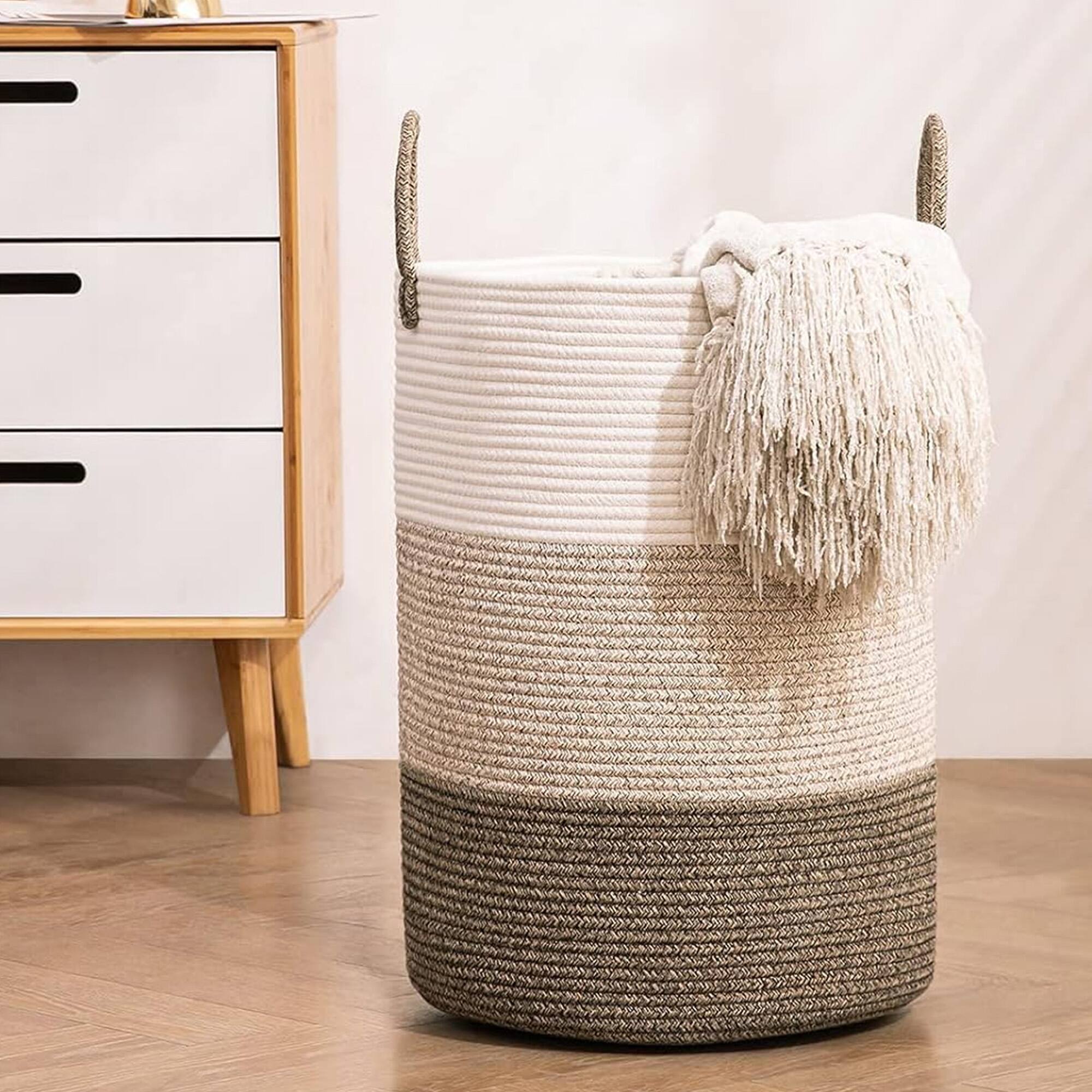Angle. Cheer Collection - Woven Cotton Rope Laundry Hamper – Large 16 x 16 x 22 in Storage Basket with Reinforced Handles - 3 Tone Tan - 3-Tone Tan.