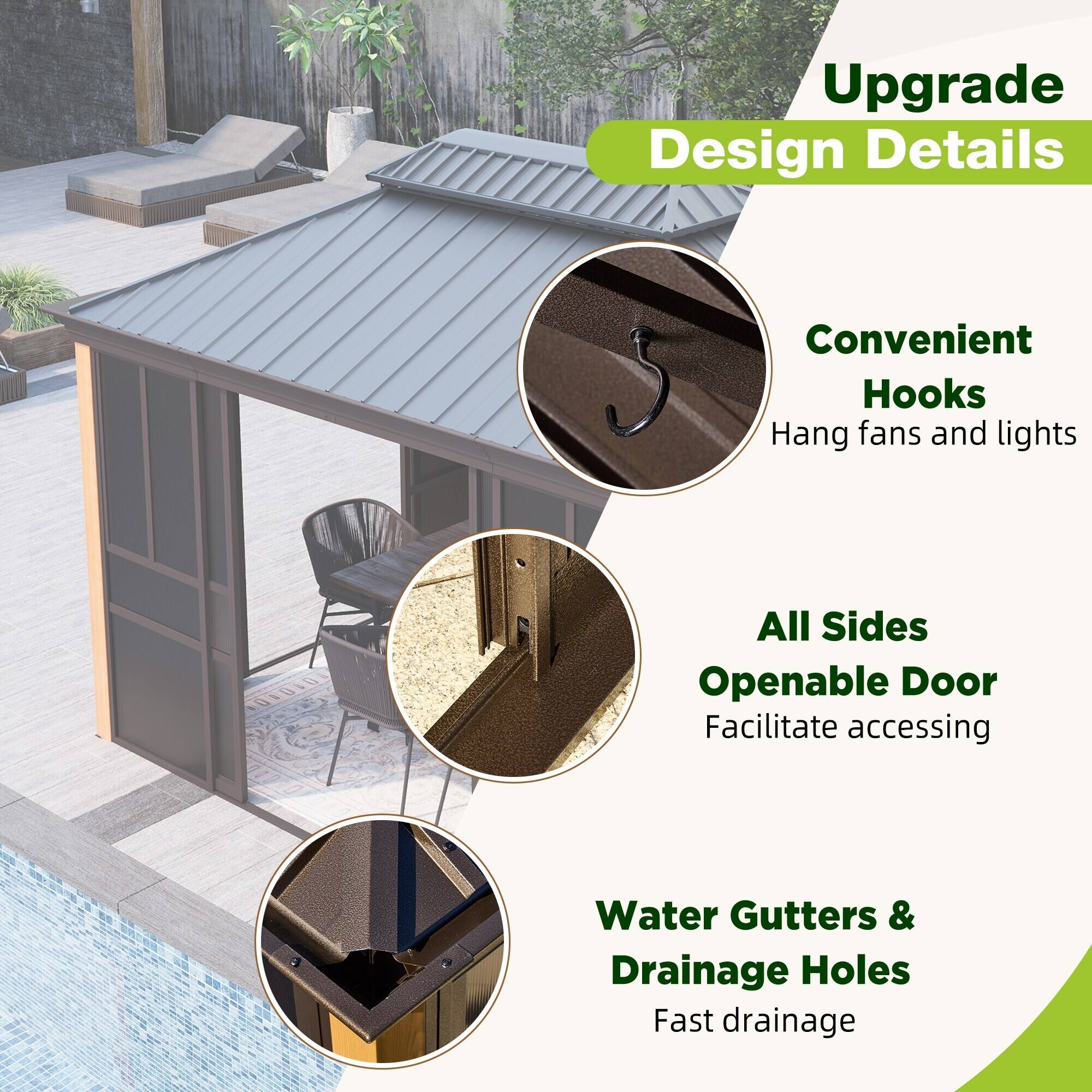 Upgrade Design Details  
Convenient Hooks  
Hang fans and lights  

All Sides Openable Door  
Facilitate accessing  

Water Gutters & Drainage Holes  
Fast drainage