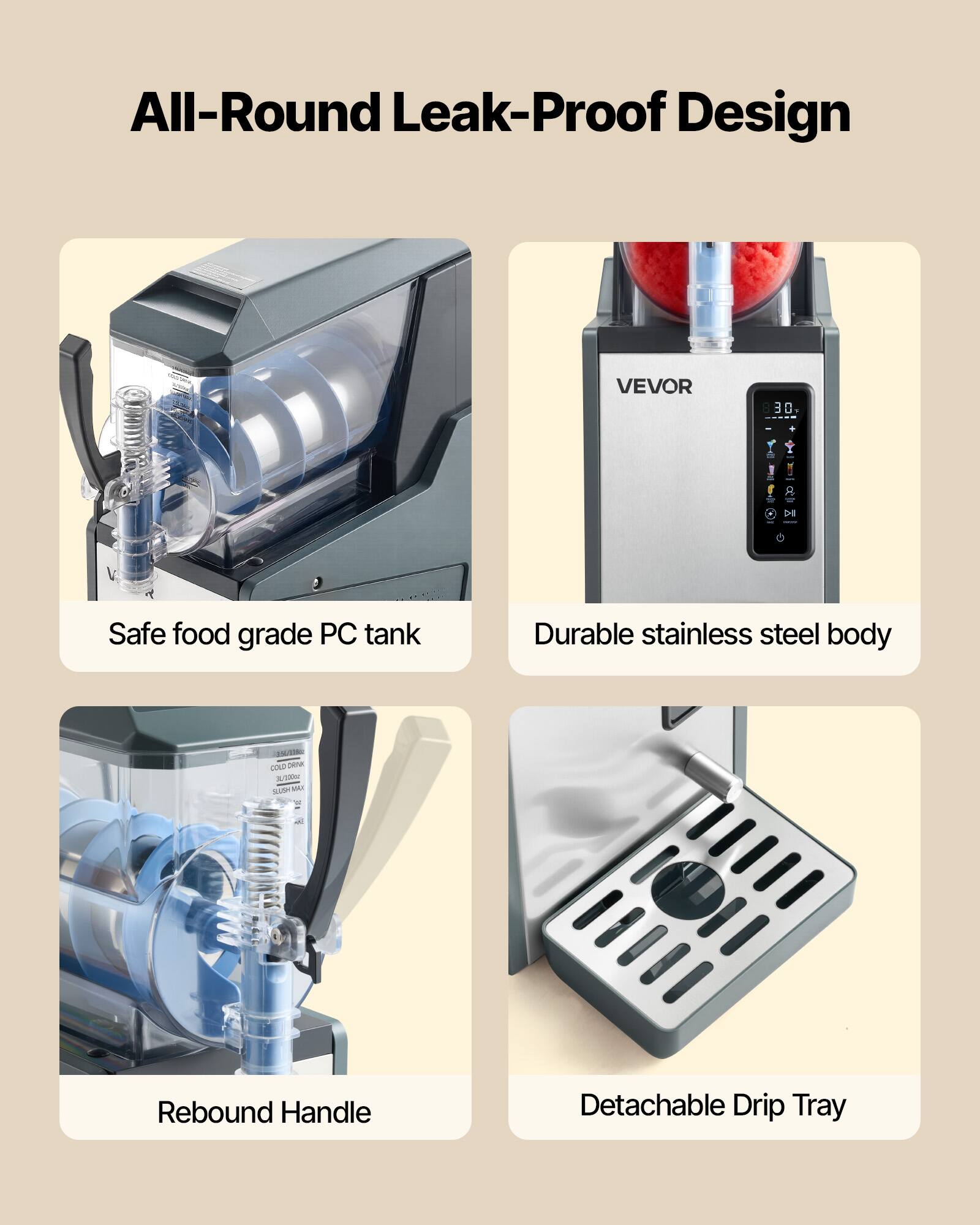 All-Round Leak-Proof Design

- Safe food grade PC tank
- Durable stainless steel body
- Rebound Handle
- Detachable Drip Tray