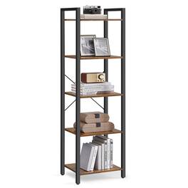 Songmics Home - 5-Tier Tall Bookshelf, Narrow Bookcase with Steel Frame, Skinny Book Shelf for Living Room, Home Office, Study - Rustic Brown and Black
