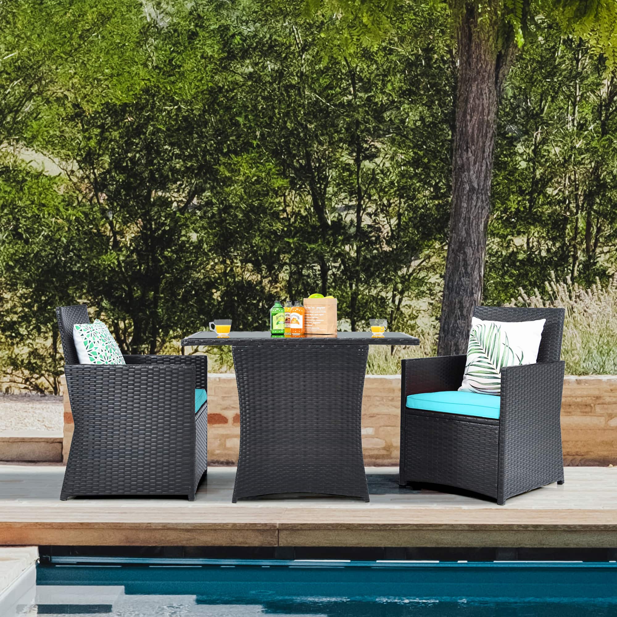 Gymax - 3PCS Patio Wicker Bistro Set PE Rattan Dining Table Set w/ Cushions - Turquoise price history on PriceWatchPro