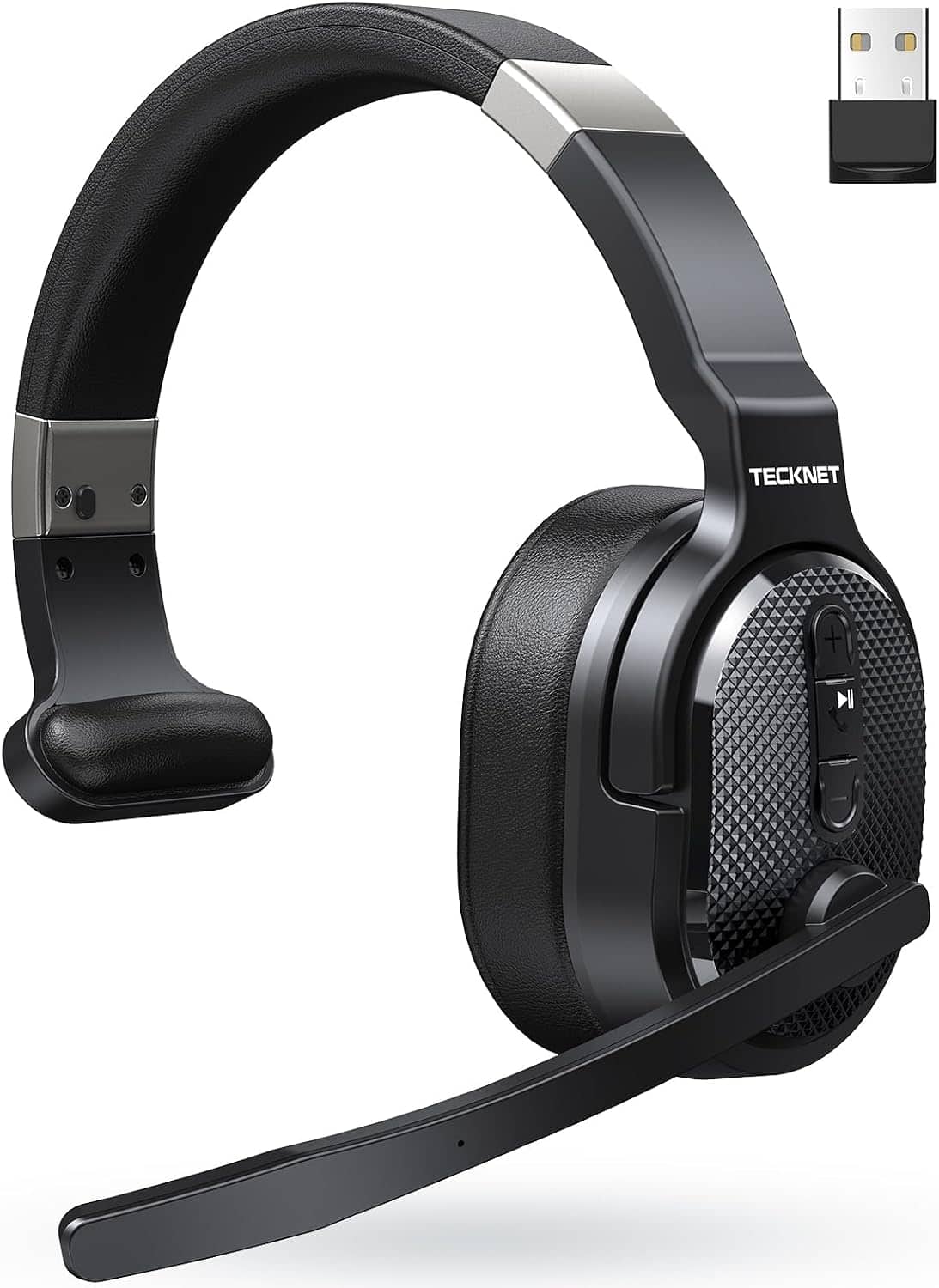 TECKNET - Bluetooth Trucker Headset, Noise Cancelling Mic, 50Hrs, 3 EQ Modes, Single Ear for PC/Office/Call Center