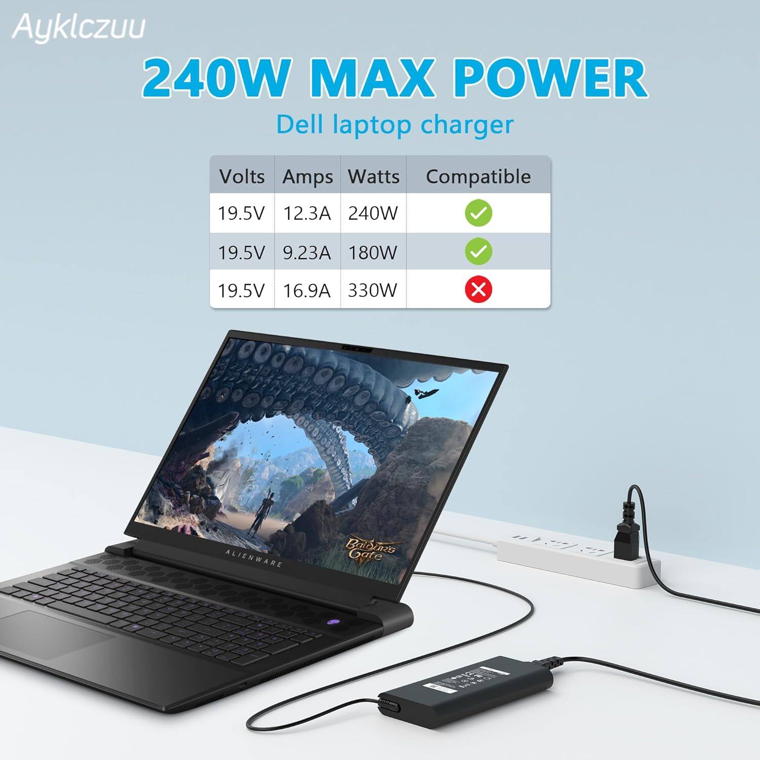AykIczuu 240W MAX POWER Dell laptop charger Volts Amps Watts Compatible 19.5V 12.3A 240W 19.5V 9.23A 180W 19.5V 16.9A 330W X ALIENWARE Baldines Gate