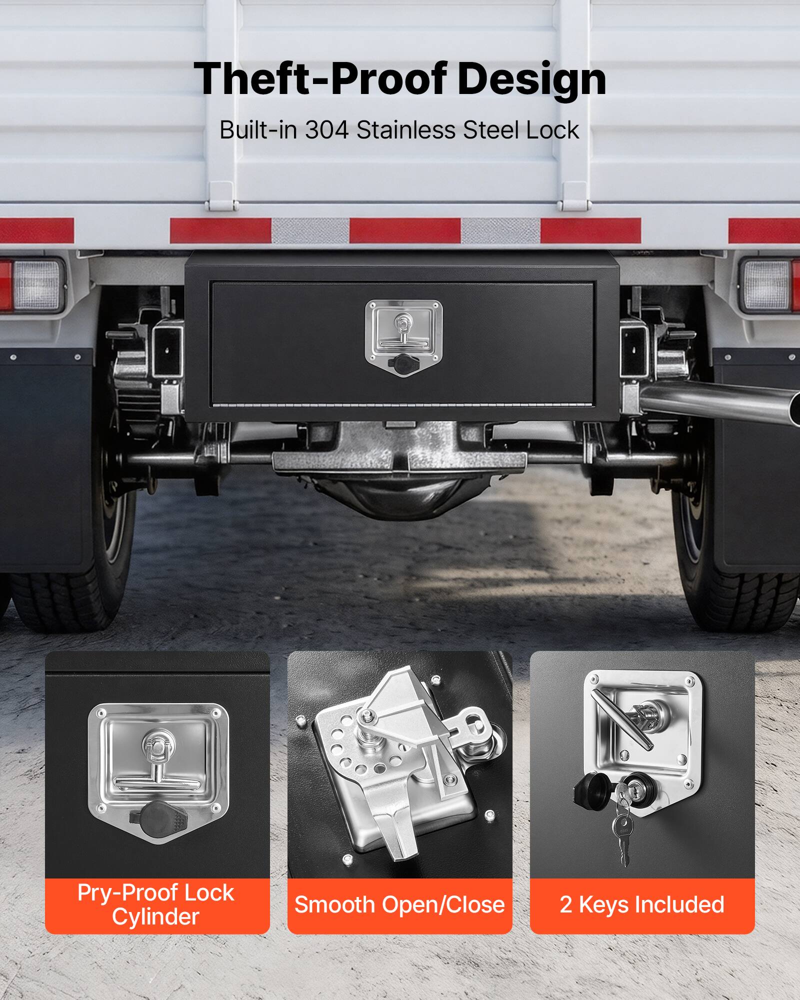 Theft-Proof Design  
Built-in 304 Stainless Steel Lock  
Pry-Proof Lock Cylinder  
Smooth Open/Close  
2 Keys Included