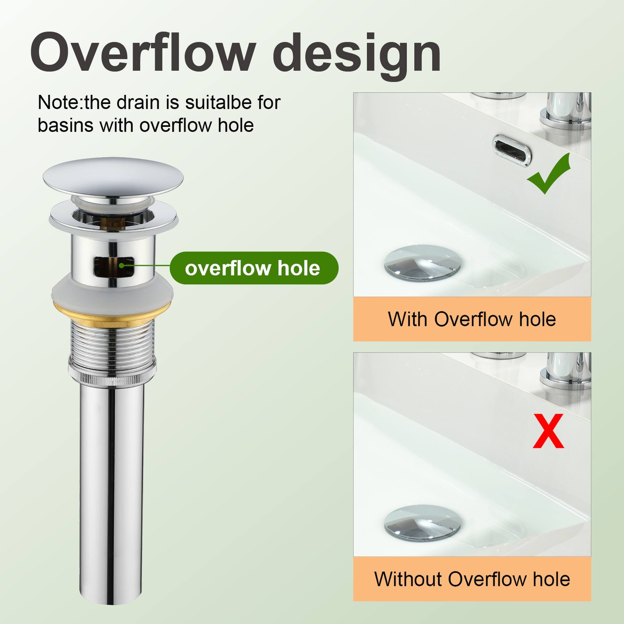 Overflow design

Note: the drain is suitable for basins with overflow hole

- With Overflow hole
- Without Overflow hole