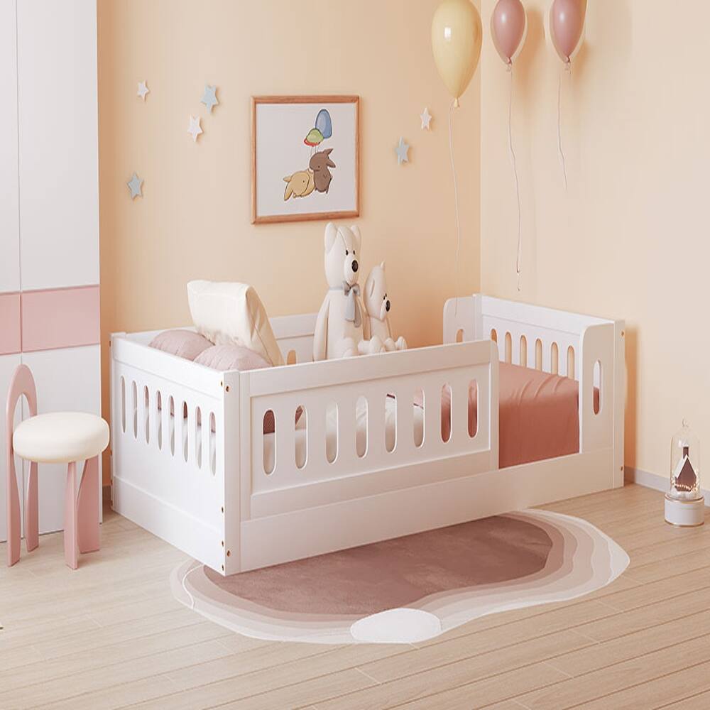 Alt View 10. Loheer - Loheer Twin Platform Bed White Wood Twin Bed with Guardrail Kids Floor Bed - White.