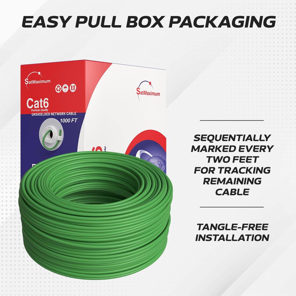 EASY PULL BOX PACKAGING

SatMaximum Cat6 Premium Quality UNSHIELDED NETWORK CABLE 1000 FT

- SEQUENTIALLY MARKED EVERY TWO FEET FOR TRACKING REMAINING CABLE
- TANGLE-FREE INSTALLATION