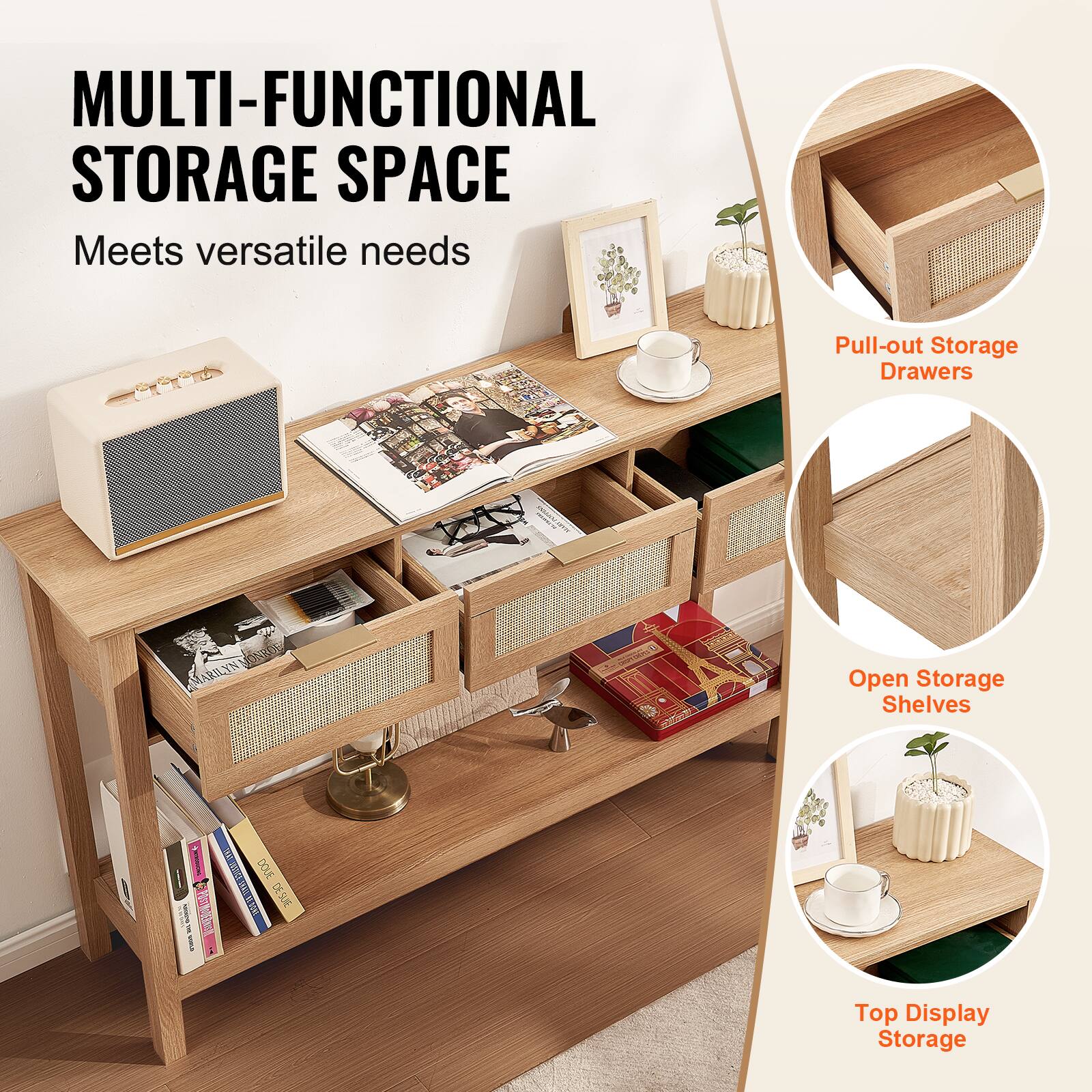 MULTI-FUNCTIONAL STORAGE SPACE  
Meets versatile needs  

Pull-out Storage Drawers  
Open Storage Shelves  
Top Display Storage