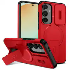 Front. Dteck - for Samsung Galaxy S24 FE Magnetic Case,Slide Lens Cover & Hidden Kickstand,Rugged Dual-Layer Shockproof PC TPU Cover - Red.