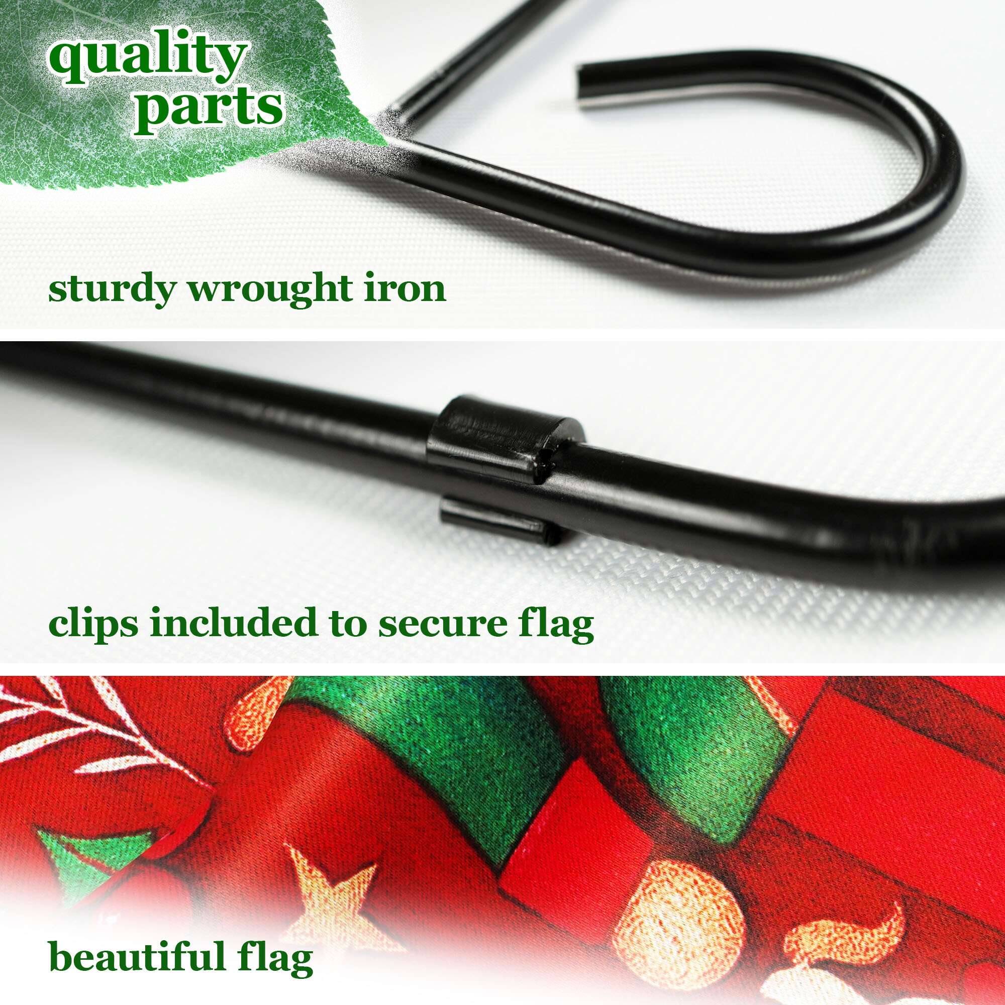 quality parts  
sturdy wrought iron  
clips included to secure flag  
beautiful flag