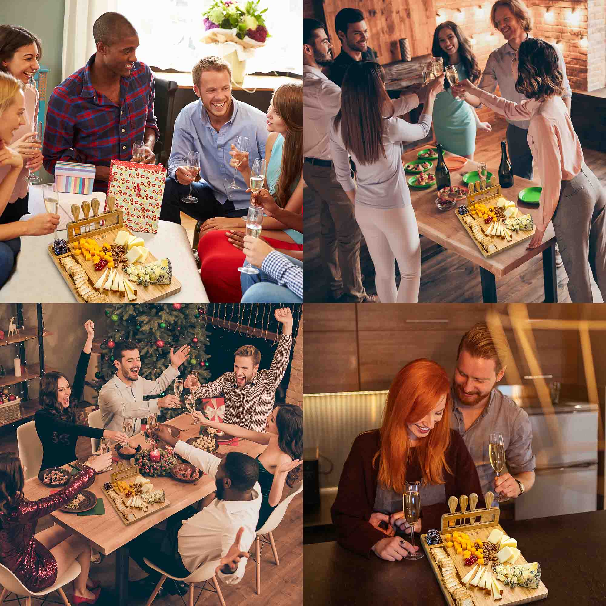Back. BlauKe - Bamboo Cheese Board and Knife Set - 14x11 inch Charcuterie Board with 4 Cheese Knives - Wood Serving Tray - Beige.