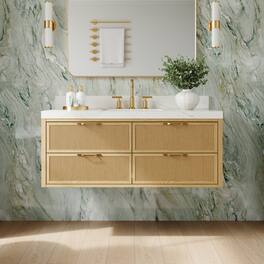 WELLFOR - LYNOAK 48 in. Wall-mount Solid Wood Bath Vanity with Quartz Top, Single Sink, Soft Close, Assembled - OAK